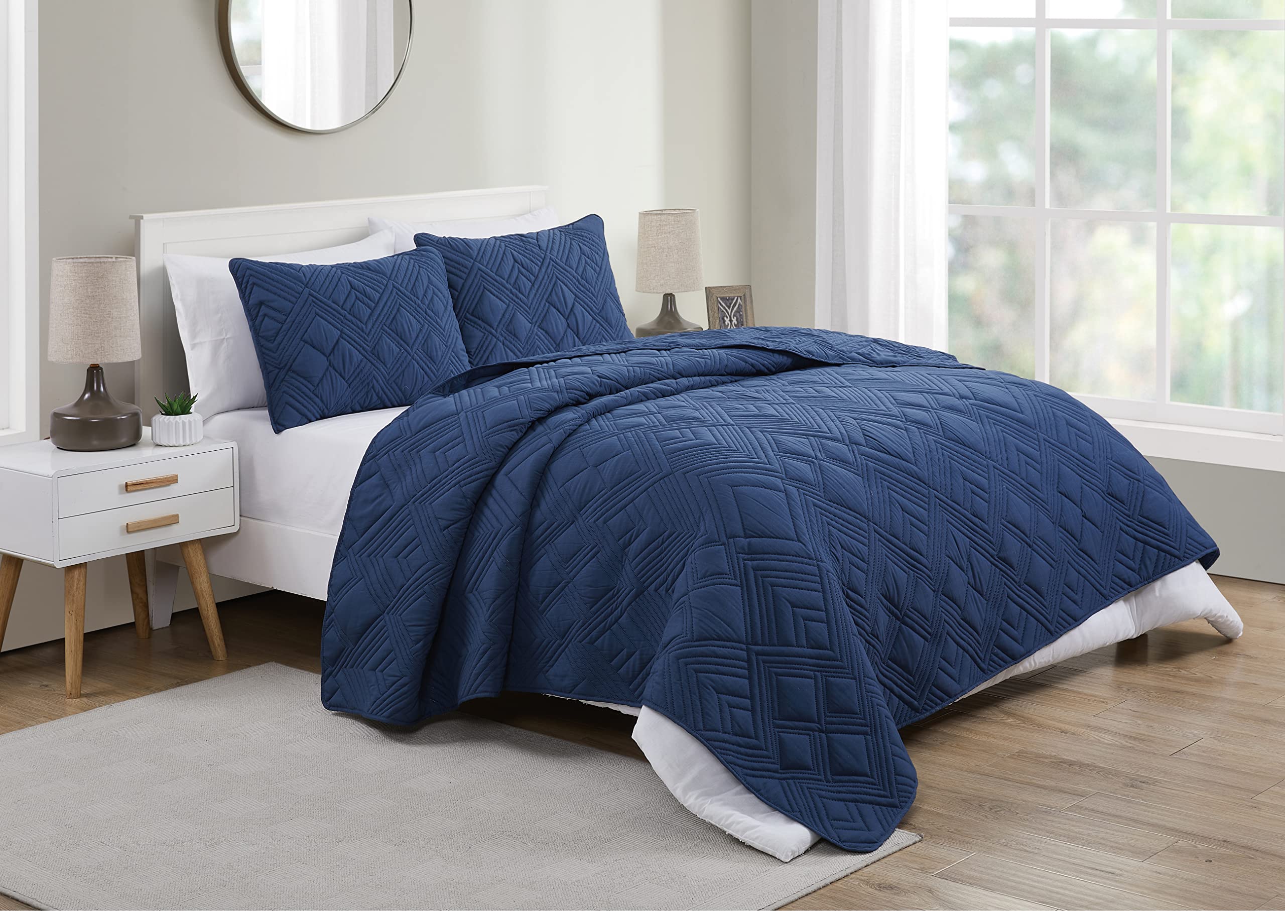 VCNY Home | Trex Collection | Blue Soft Embossed Diamond Textured Microfiber Quilt Set, Full/Queen, 3 Pieces