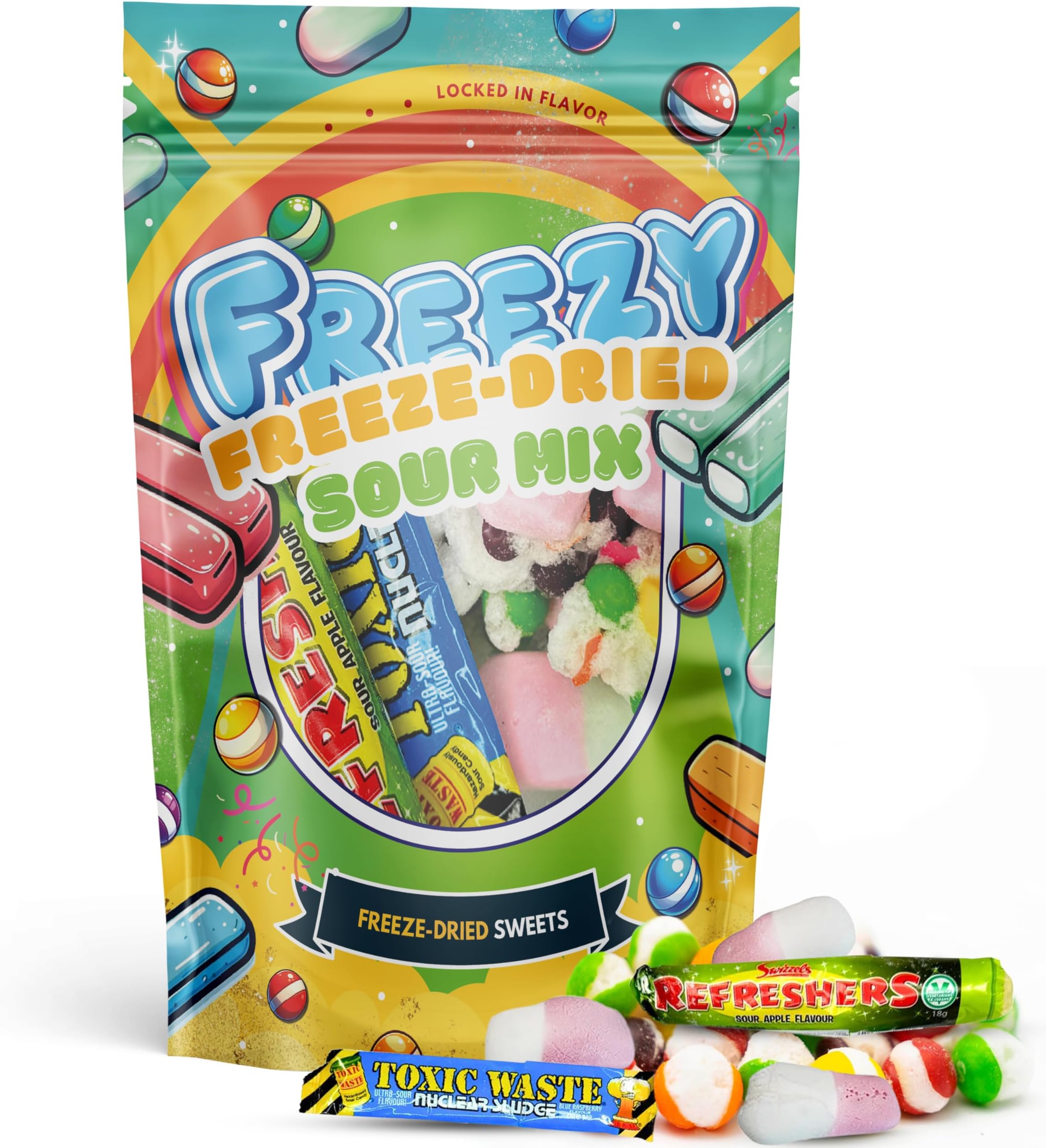 Freezy Freeze Dried - Sour Mix 120 gms, American Sweet contains Squishes, Toxic Waste Sludge & Refreshers Bars Mixed in a Pack that offers Sour Goodness in Each Candy.