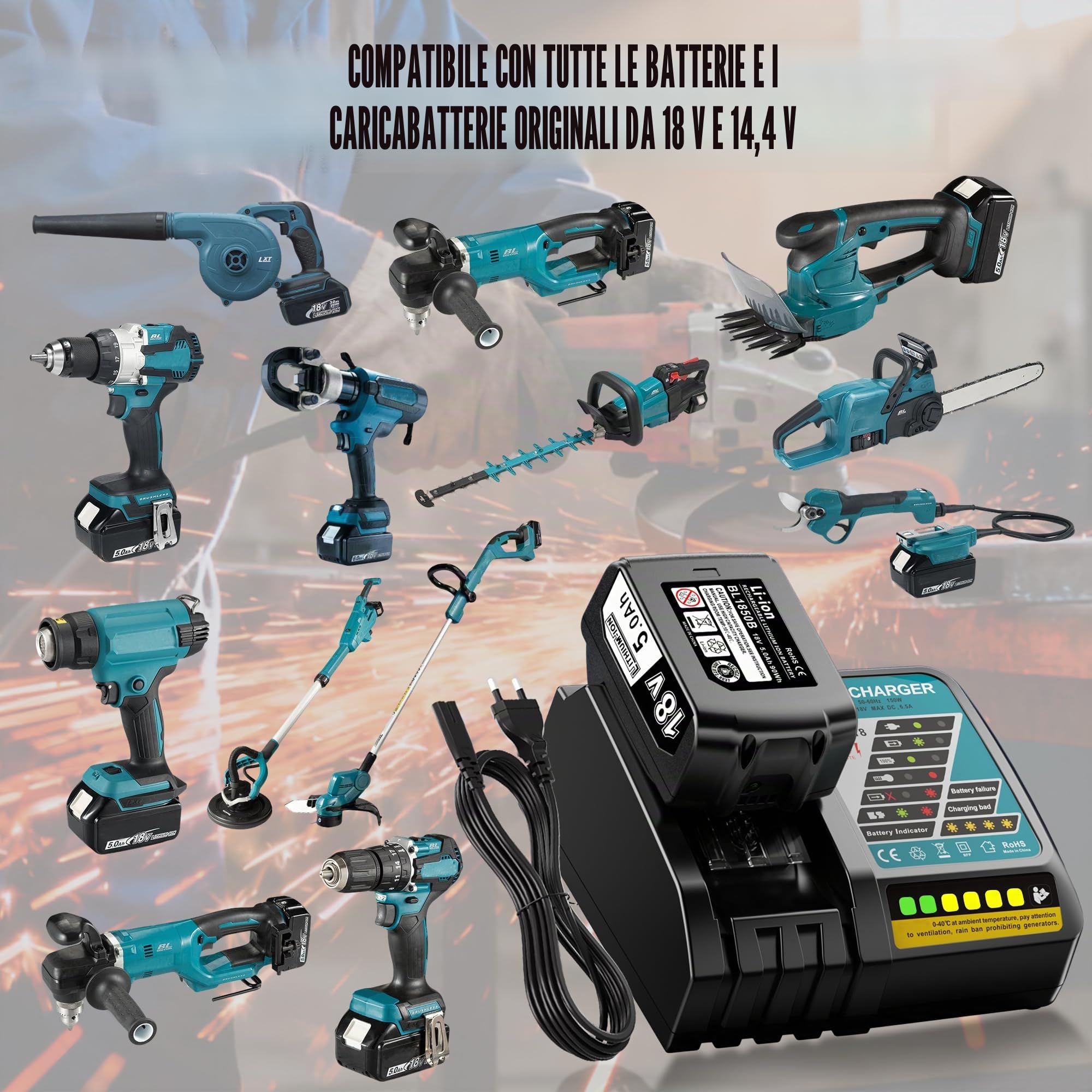 18V 5.0Ah Batteria con Caricabatterie per Makita Batteria 18V BL1815 BL1820 BL1830 BL1840 BL1850 BL1850B DC18RA DC18RC DC18RD