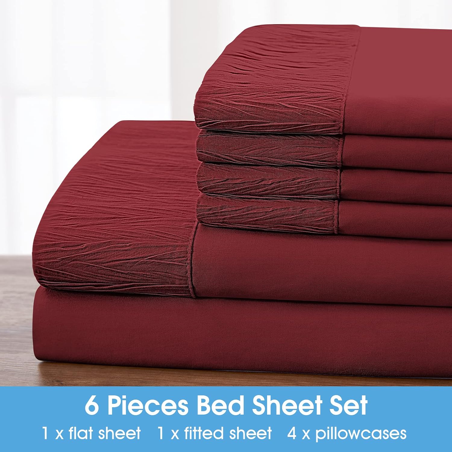 BYSURE Hotel Embossed Sheets (Burgundy, Queen), 6 Pieces Microfiber 1800 Thread Count Sheet Sets, Deep Pocket Soft Sheets & Pillowcases Sets