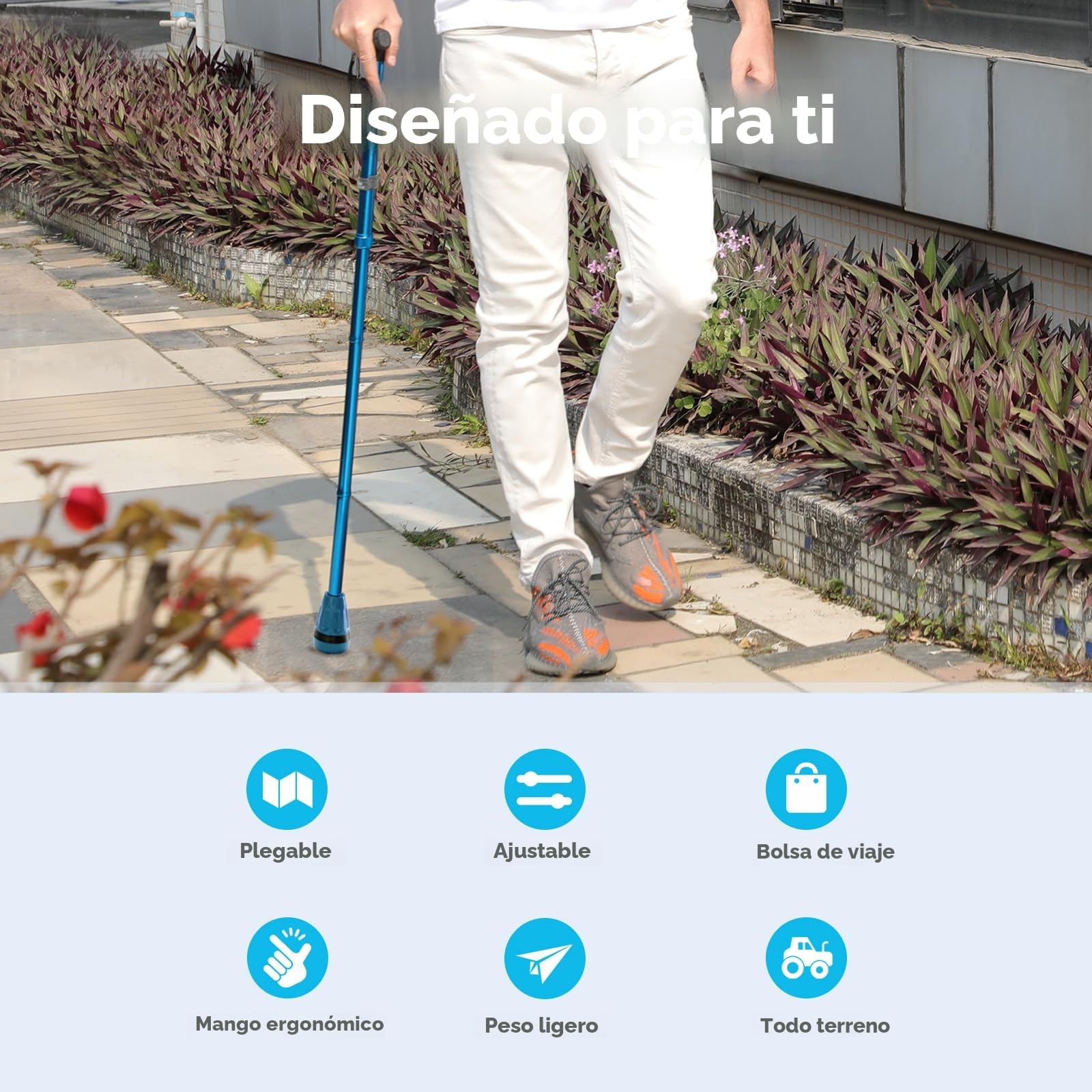 HealthBazaar Bastón de Marcha Todo Terreno, Bastones Plegables para Hombres y Mujeres, Ligero, Ajustable, con amortiguación, para Personas Mayores y Adultos
