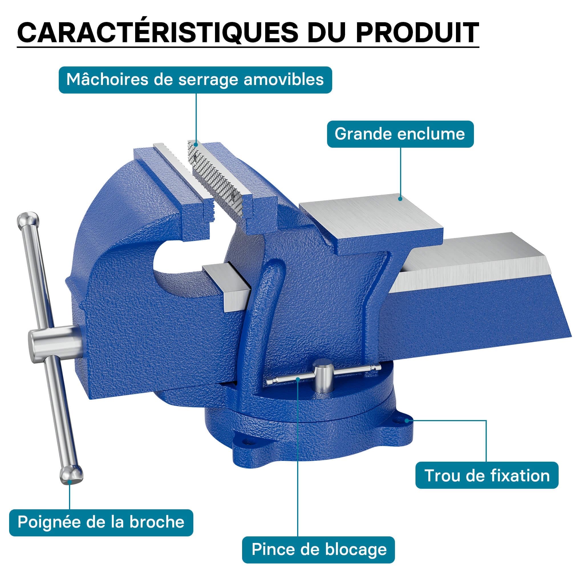 WilTec Étau d’atelier Heavy Duty 125 mm Mâchoire de serrage & Enclume pour Contrainte importante Établi, Argent, Gris, Bleu