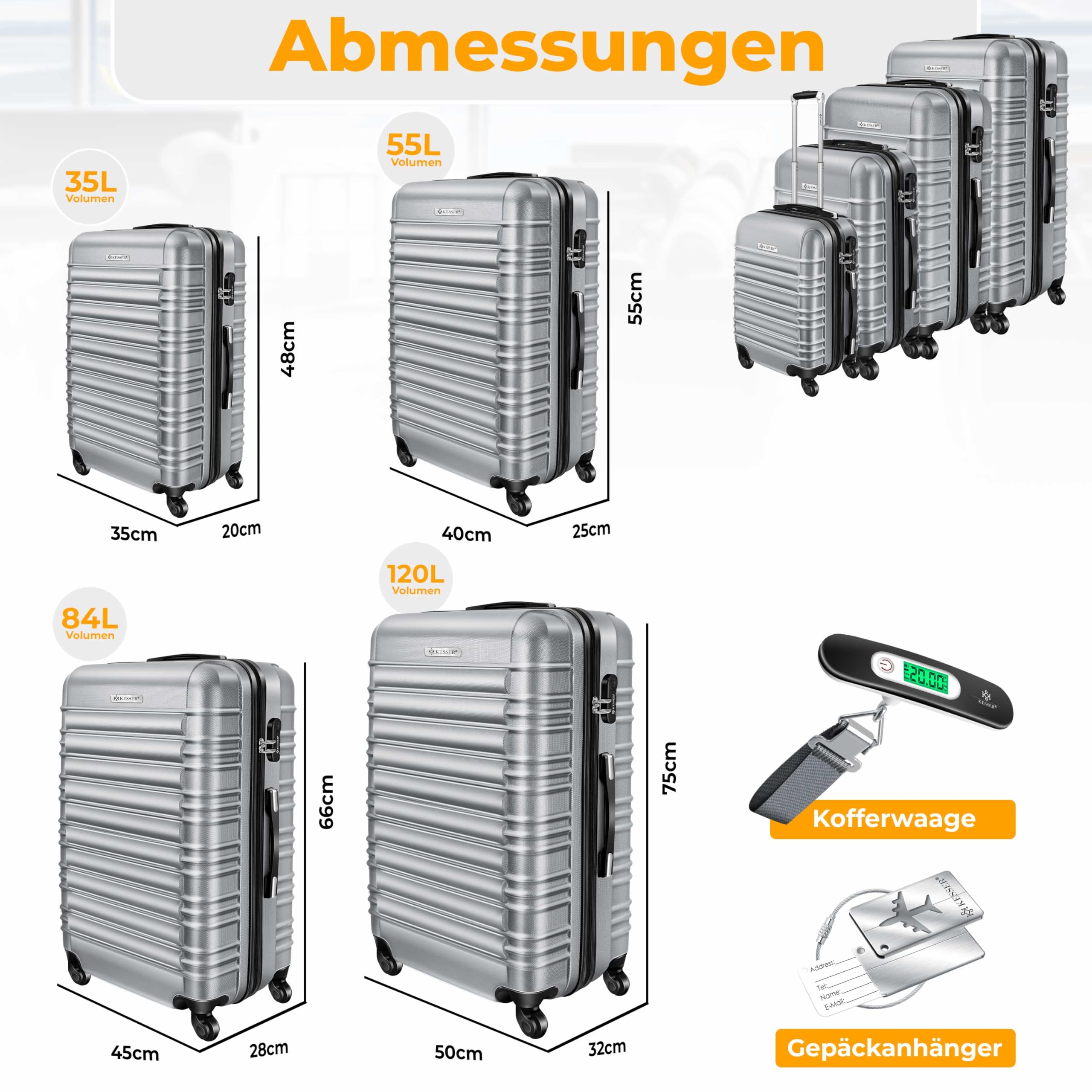 KESSER® Set de 4 Maletas rígidas, Juego Maleta Trolley Incl. báscula de Equipaje + Etiqueta de Equipaje Maleta rodante Cerradura 4 Ruedas ABS Carcasa rígida asa telescópica S-M-L-XL