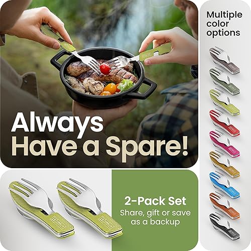Miniatura 5 de Orblue Utensilios de comida 4 en 1, paquete de 2  Cuchara portátil, tenedor, cuchillo y abridor de botellas  Cubiertos de acero inoxidable con