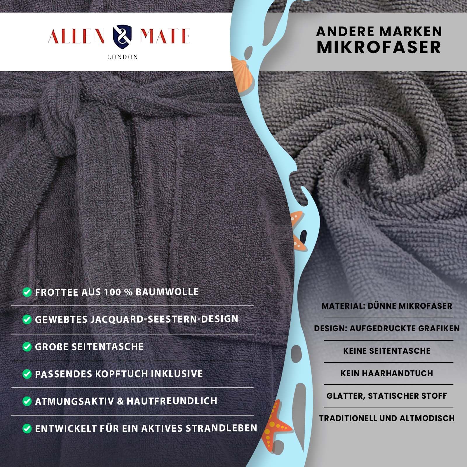 ALLEN & MATE 100% BAUMWOLLE Kinderbademantel mit Kapuze schnelltrocknend für Kinder Jungen und Mädchen Morgenmantel mit Handtuch und Taschen