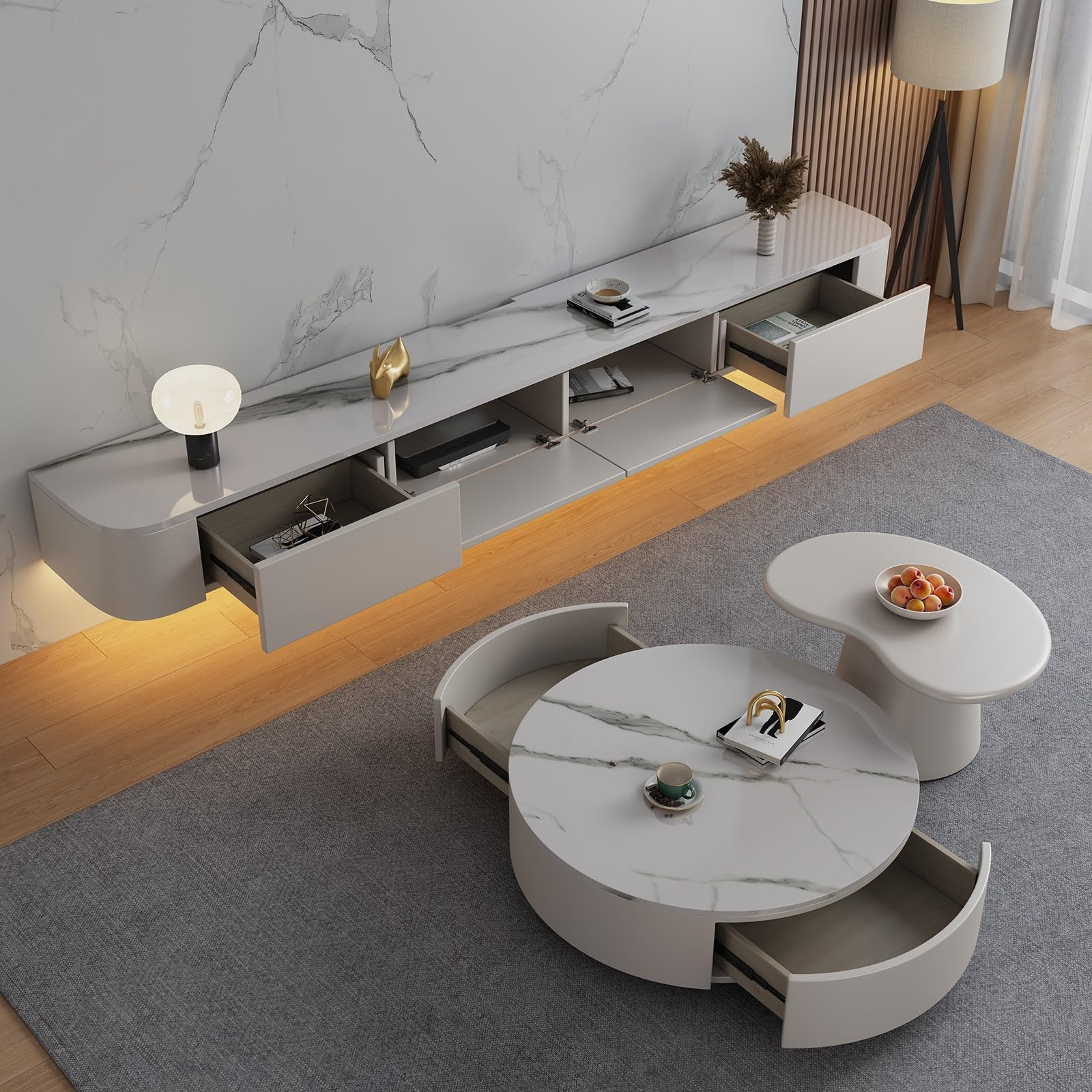 Mobile TV sospeso da parete con porta da 160 cm, ripiani per console multimediale per soggiorno e camera da letto, elegante sotto la TV, soluzione moderna per l'intrattenimento domestico