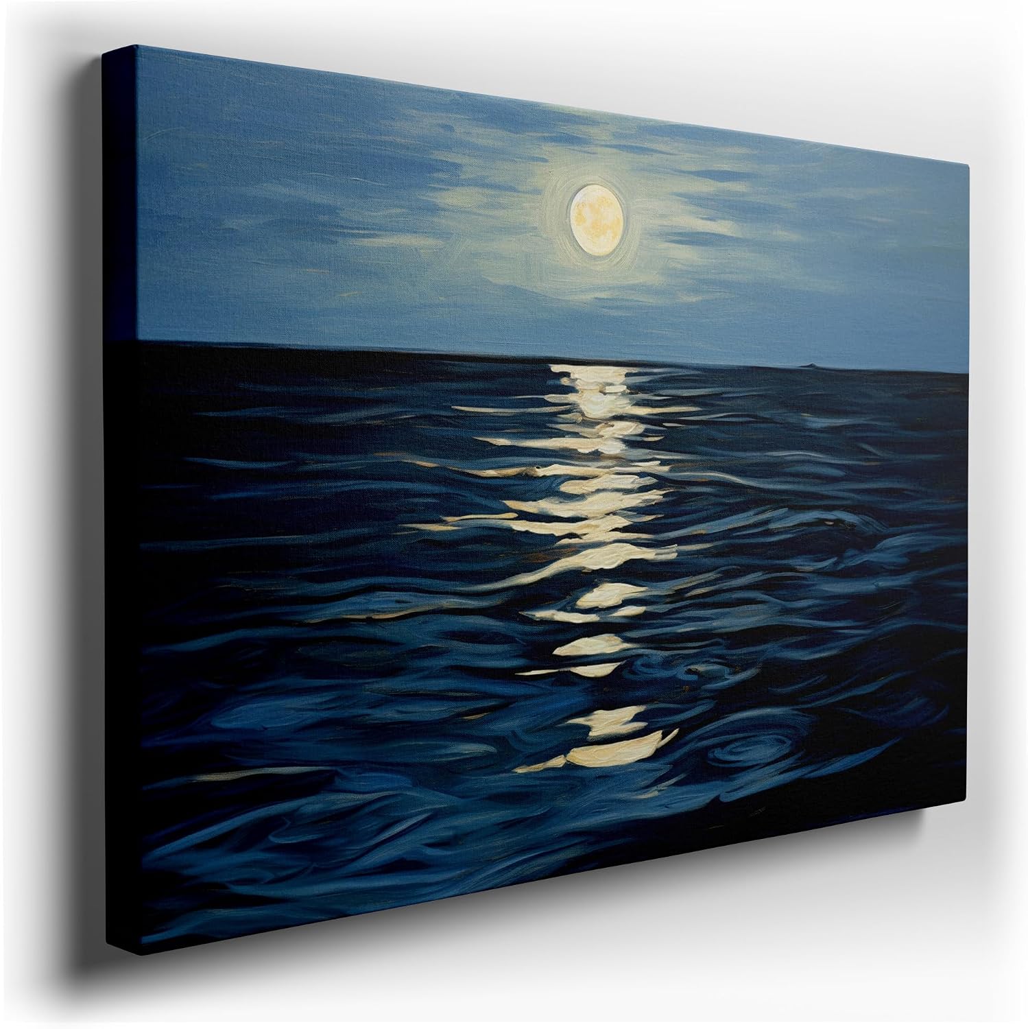 Canvas for Living room. Moonlit Majesty: The Serene Beauty of a Tranquil Sea at Night, 27 x 18 inch Canvas Wall Art - Contemporary Masterpieces - Modern Home Decor - 69x46 cm (27x18 inch)