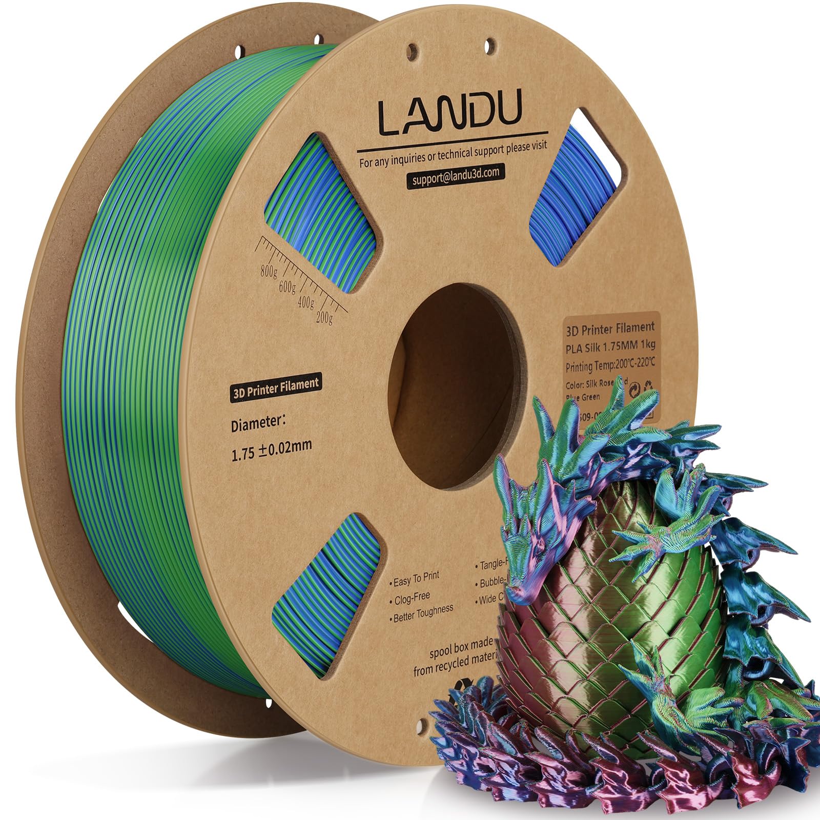 LANDU Silk Tri-Color PLA Filament 1.75mm 1Kg,Triple Color Silk PLA Filament, Silk Rainbow PLA Filament,Neatly Wound 3D Printer Filament,3 in 1 Multi Color Filament +/-0.02mm, Silk Rose Blue Green