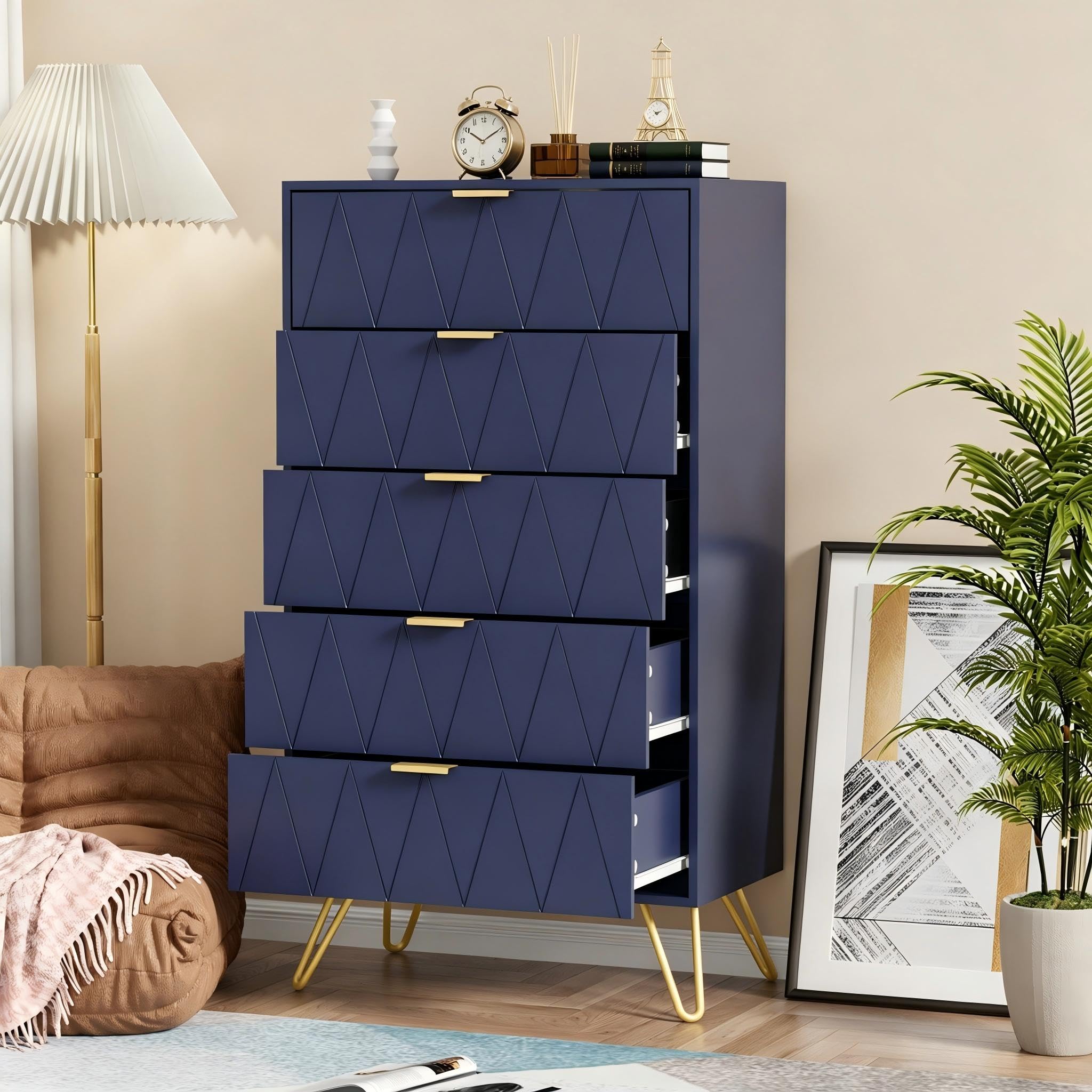 UEV Commode, Commode de Rangement à 5 Tiroirs, Style Moderne Scandinave, Manches et Pieds en Couleur Dorée, Commode Étroite pour Salon, Chambre, Couloir, 60 x 34 x 110 cm, Bleu