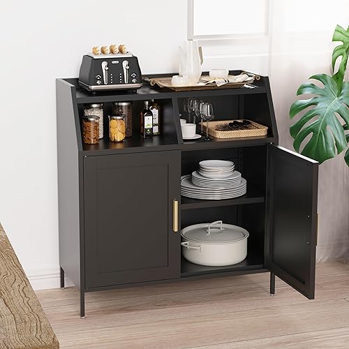 Aparador de buffet de metal negro de 32 pulgadas con dos puertas y gran espacio de almacenamiento y estante ajustable para sala de estar y comedor