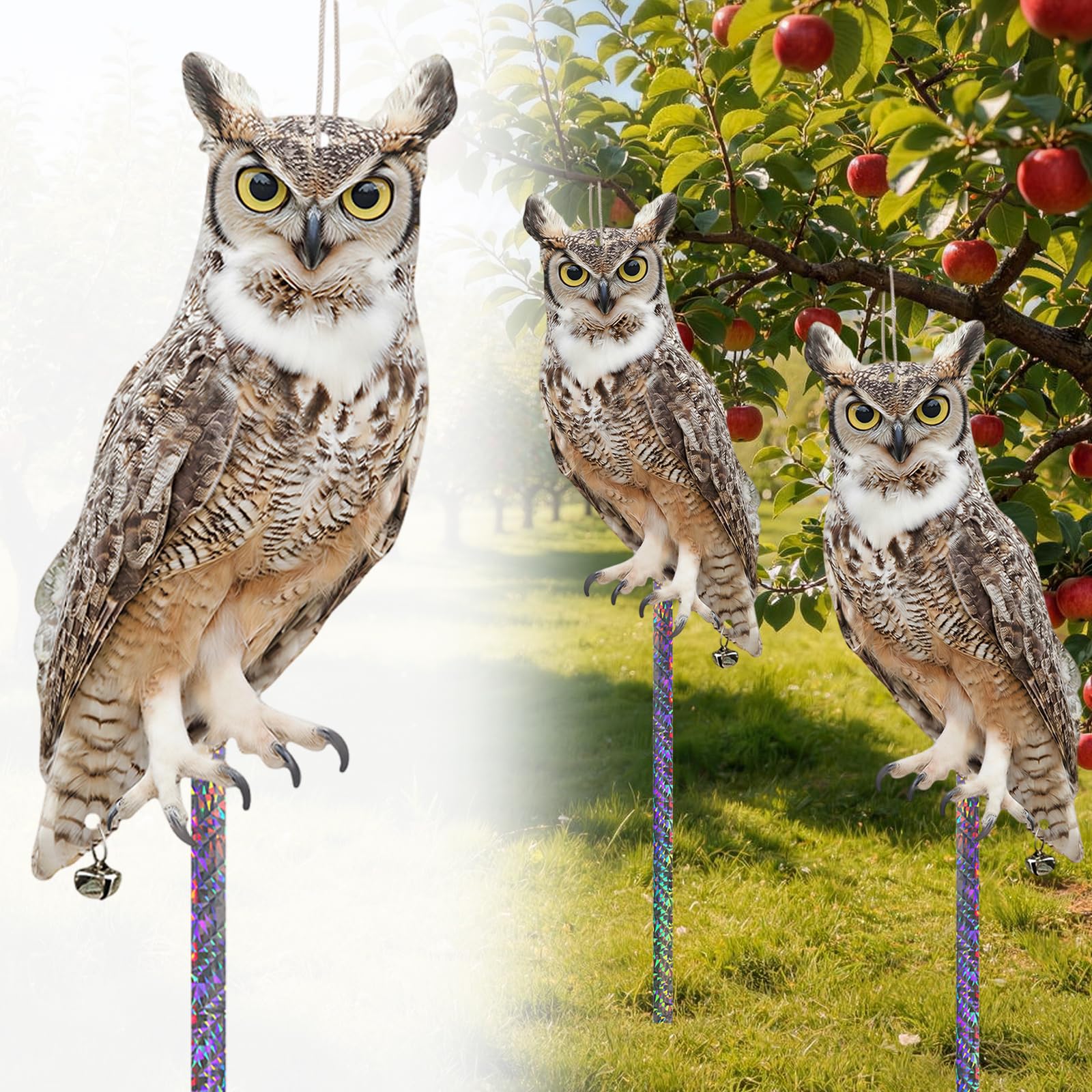4 Pcs Bird Scarers for Gardens Seagull Magpie Pigeon Deterrent Scarer, Hanging Flat Plastic Fake Owl Decoy to Scare Birds Away, Bird Scarers for Gardens Pigeon Deterrent for Garden Balcony Porch