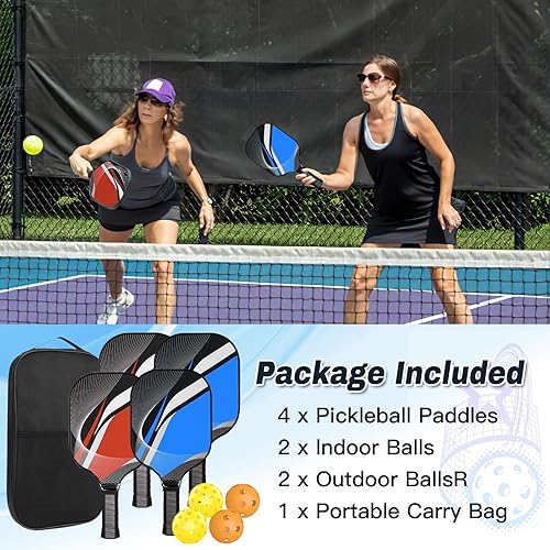 Miniatura 6 de Juego de 4 palas de pickleball de madera con agarre transpirable, 4 bolas de pickleball para interiores y exteriores, raquetas de pickleball,