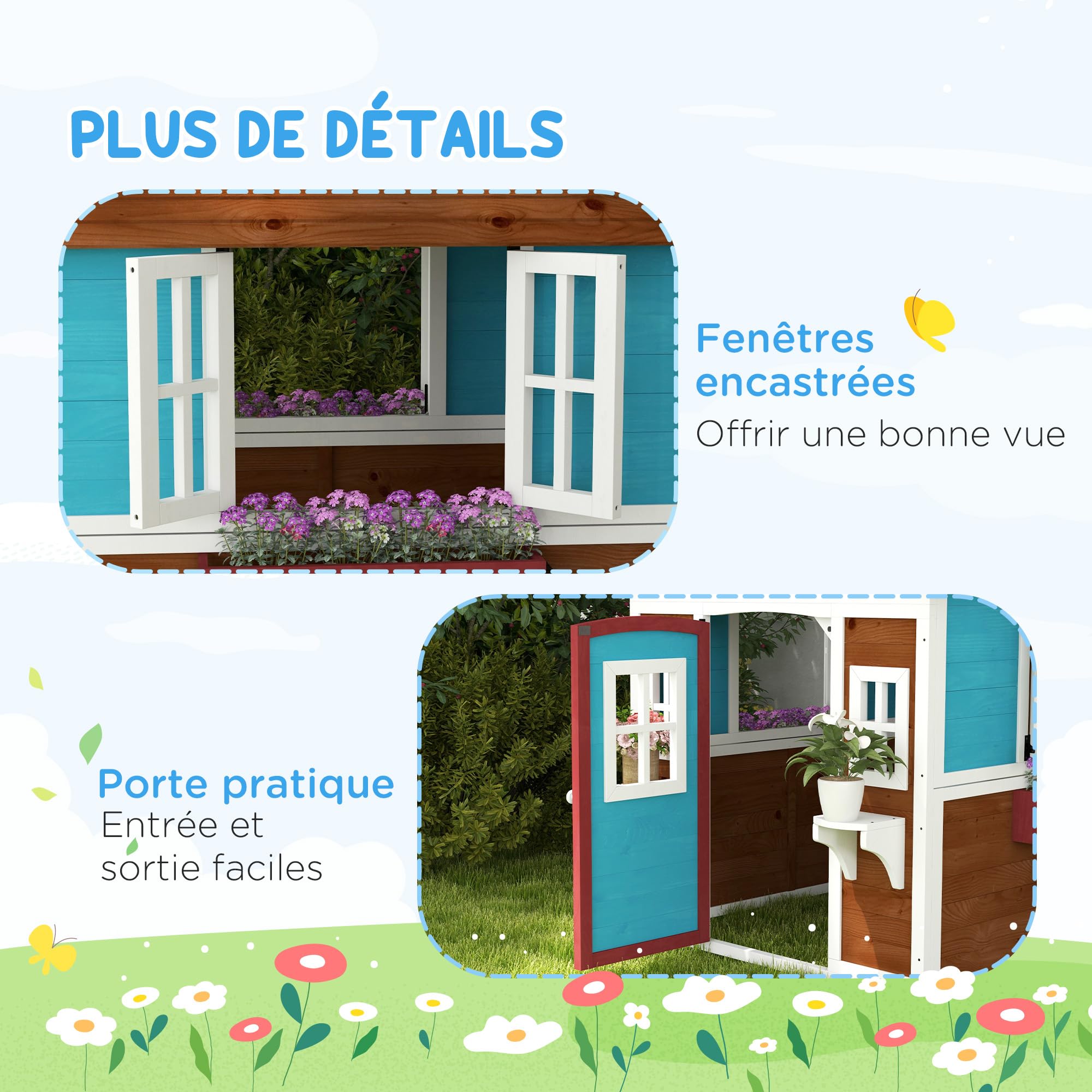 Outsunny Cabane Enfant extérieur, Maison Enfant extérieure, avec Porte, fenêtres et jardinières, cabane de Jardin pour Enfant 3-8 Ans, 114 x 126,4 x 135 cm, Beige