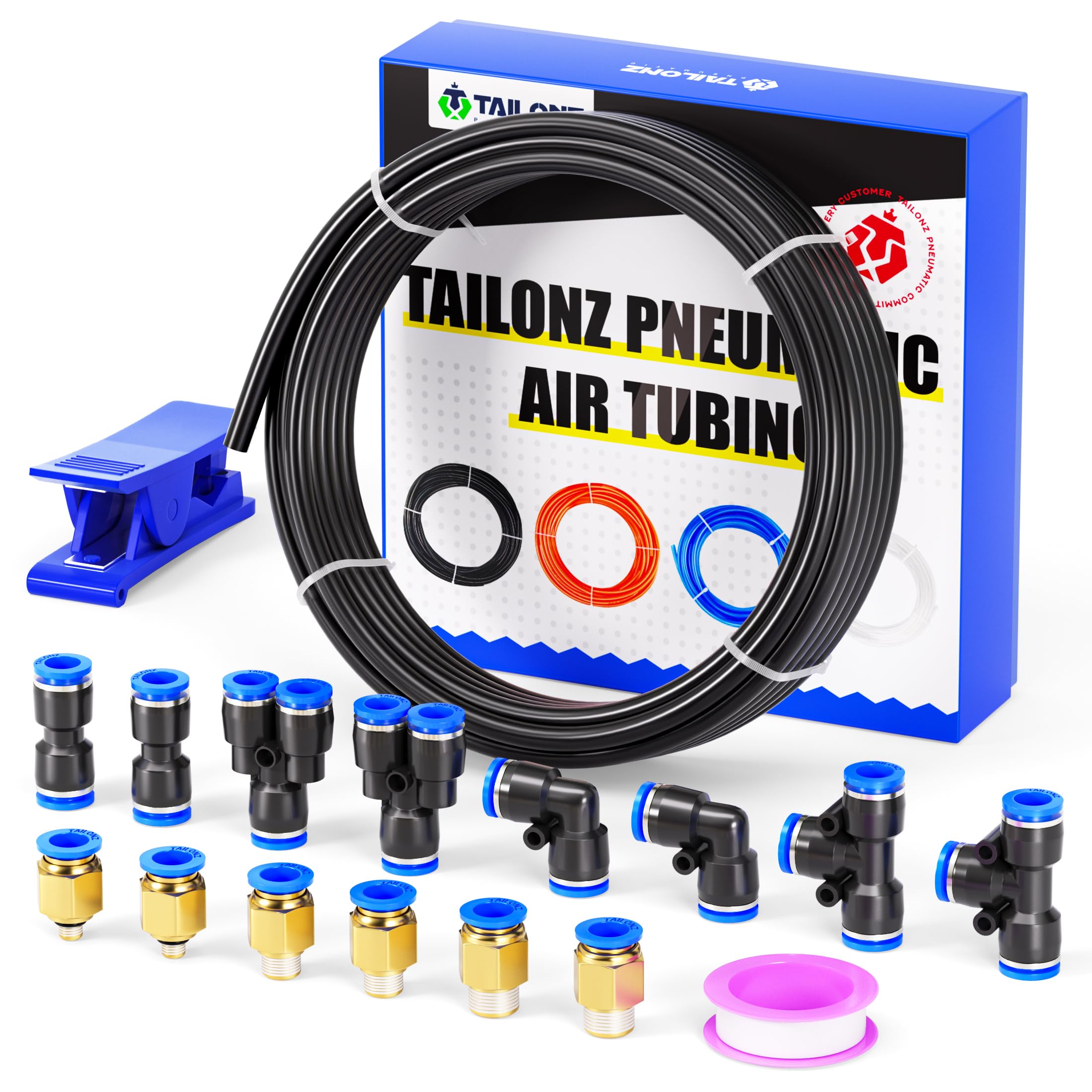 TAILONZ Black 4mm OD 2.5mm ID PU Air Hose Pipe Tube Kit 10 Meter 32.8ft