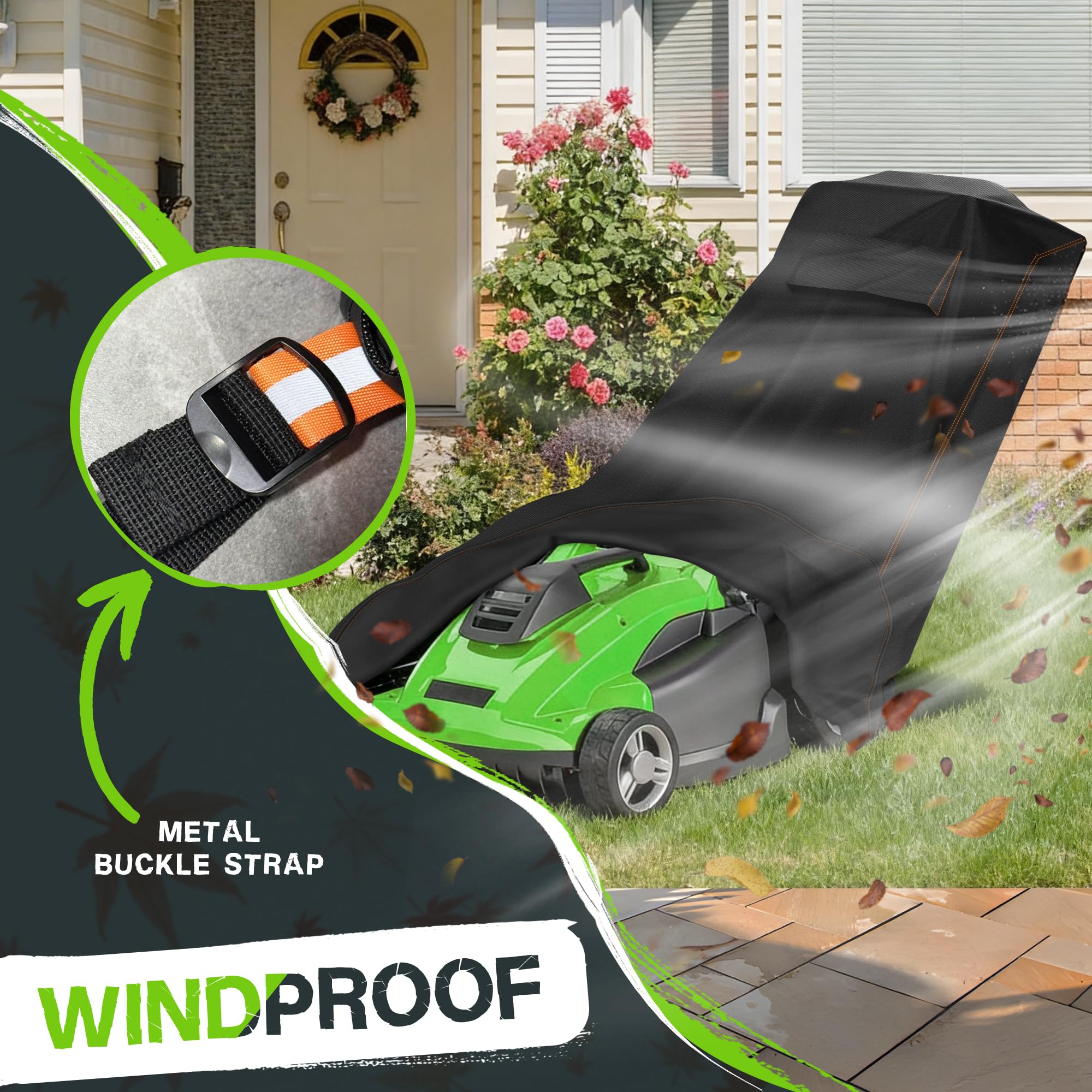 Fundas impermeables para cortacésped, protector anti-UV, con rejillas de ventilación y correas elásticas, 210D Oxford resistente a la intemperie (188 x 102 x 66 cm)