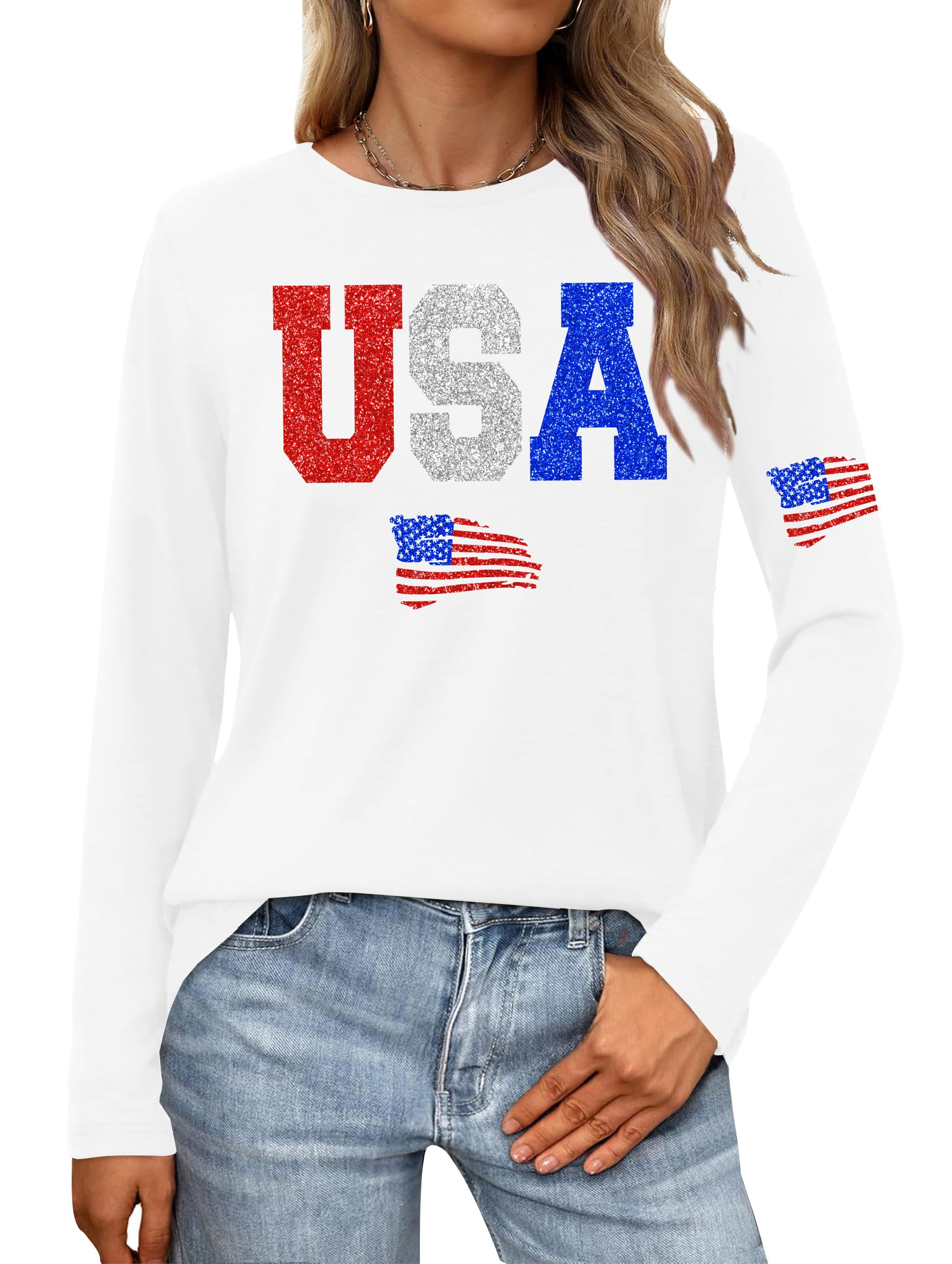 LAZYCHILD 4th of July Shirts for Women: Fourth of July T-Shirt USA American Flag Long Sleeve Patriotic Tops