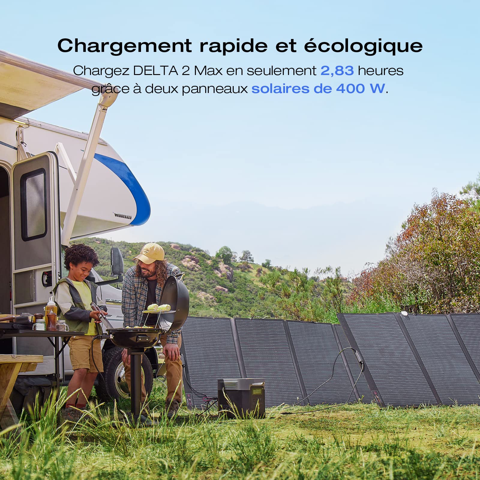 Générateur solaire EcoFlow DELTA 2 Max 2048 Wh avec Portable panneau solaire 400W Batterie LFP de secours, Sortie CA 3 100 W Charge rapide 0%-80% en 53 minutes pour extérieur, camping, VR, balcon