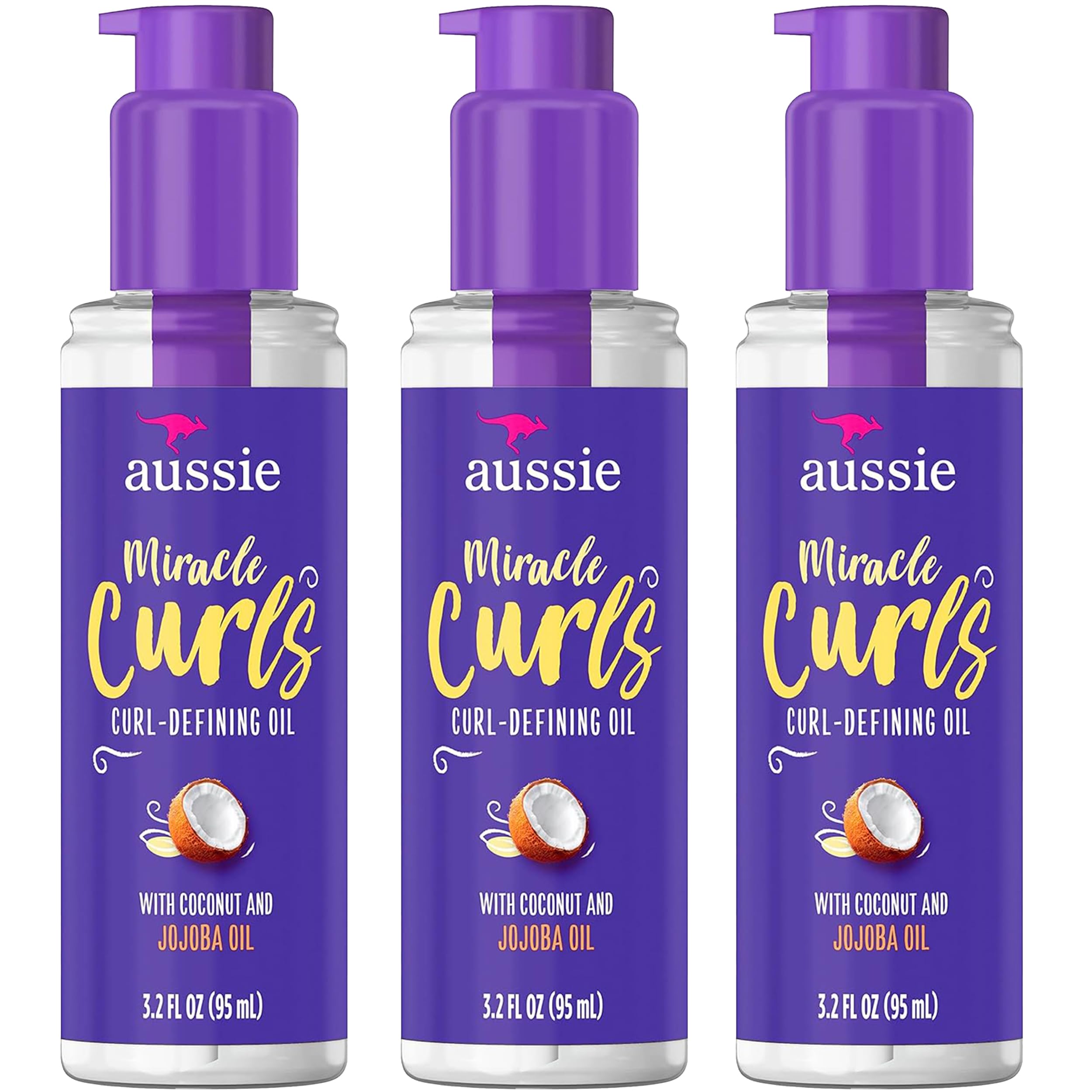Miracle Curls Defining Oil Hair Treatment, 3 Pack, Coconut and Australian Jojoba Oil, For Dry, Curly, Kinky and Wavy Hair, Reduce Frizz and Add Shine, Paraben Free Formula, 3.2 oz Each