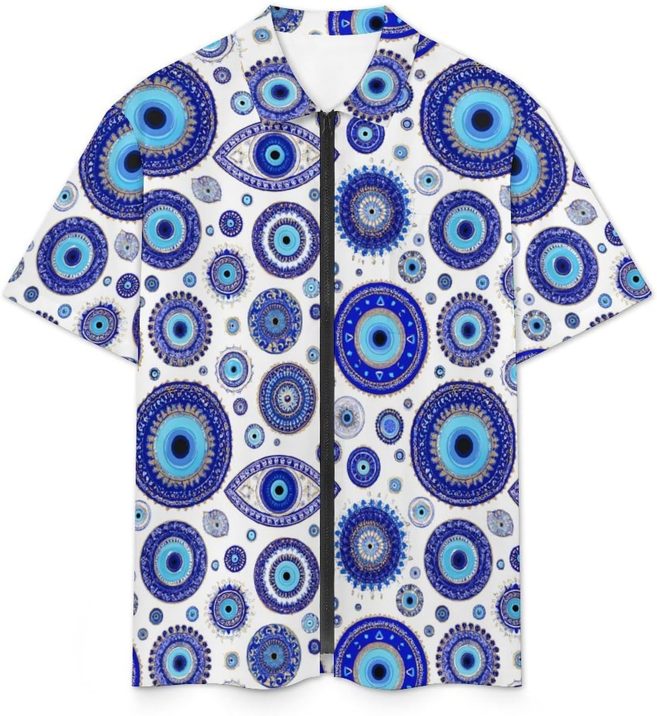Blue Greek Evil Eyes Men's Shirt Full Zip Up Polo Shirts Hawaiian Tshirts Tops