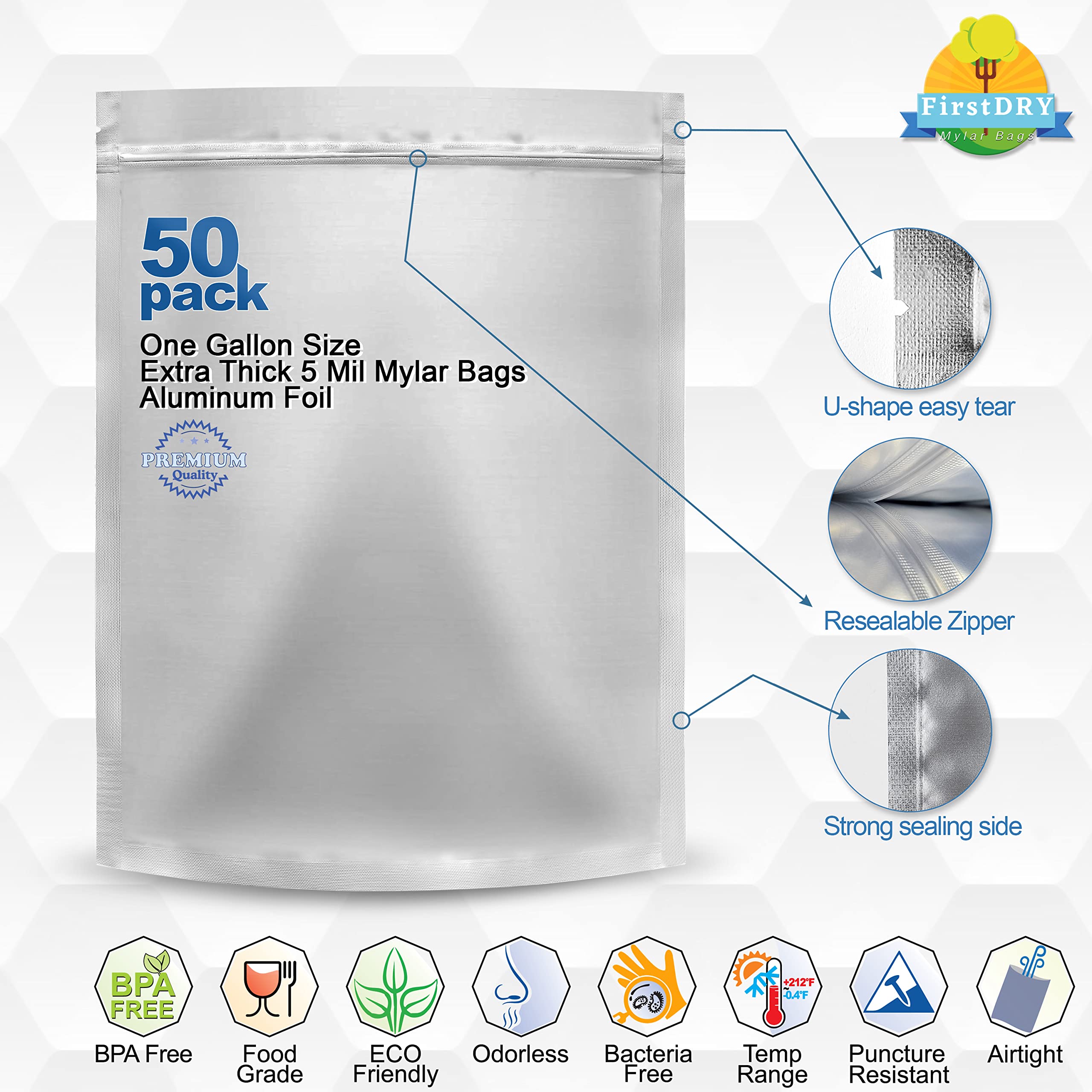 Buy 50 x FirstDRY 1 Gallon Mylar Bags Extra Thick 10 Mil (5 Mil each