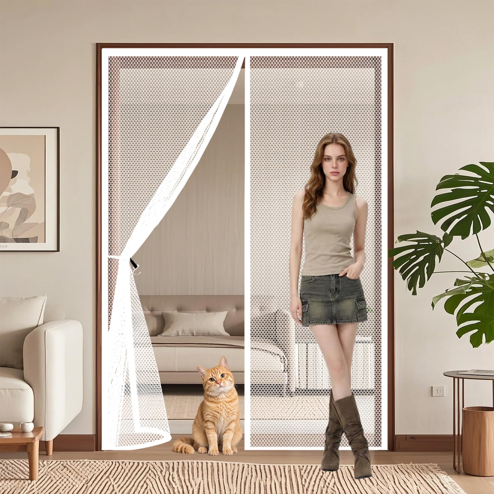 Qenhyun White Door Fly Screen 70 X 205 Cm Keep Bugs Out, Full Frame Magic Tape, Powerful Magnets, Self Sealing, No Drill Installation, Magnetic Door Fly Screen For Balcony Bedroom Doors,