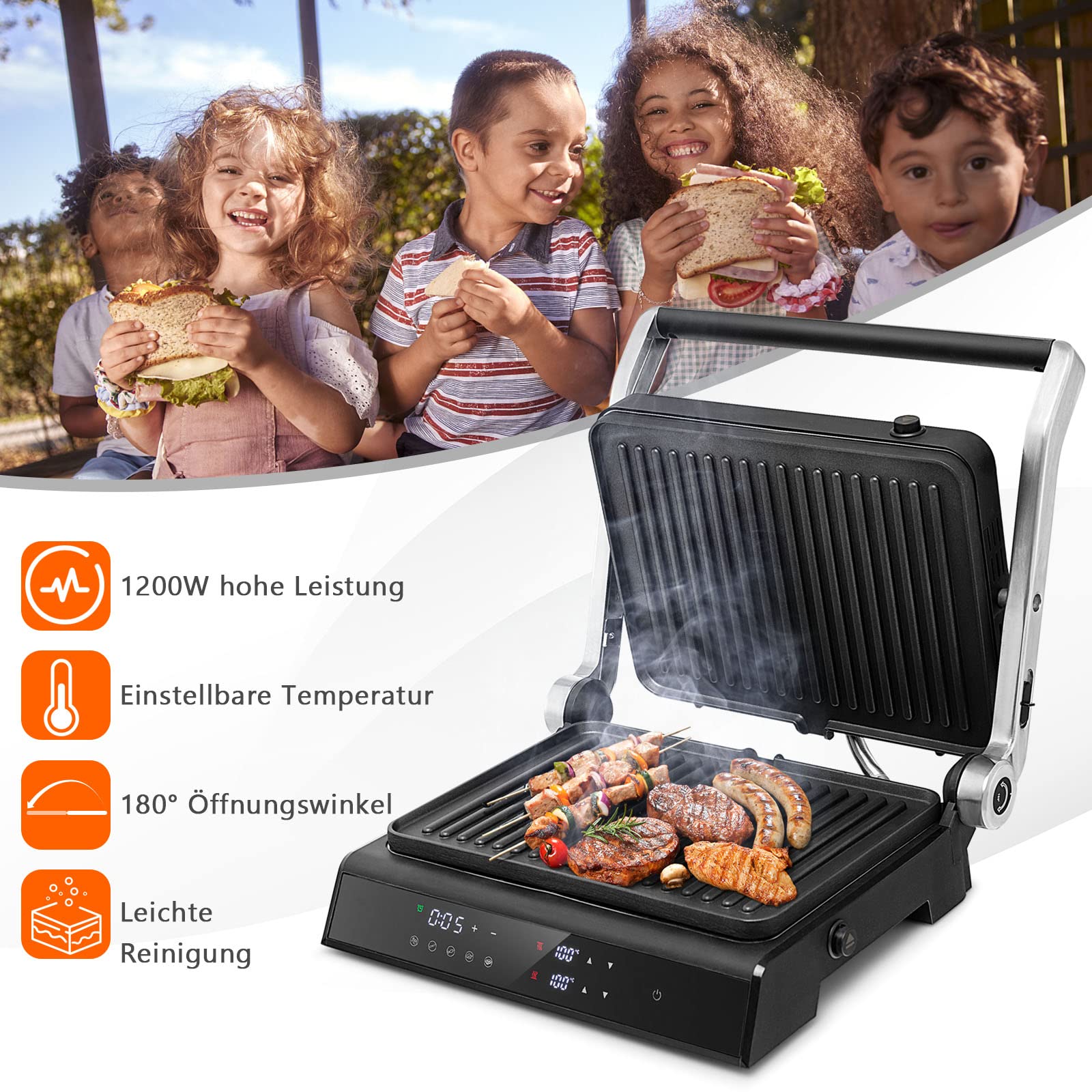 COSTWAY Sandwichmaker 3 in 1, 1800W Kontaktgrill, Waffeleisen, 2 abnehmbare Antihaftplatten, Unabhängige&Exakte Temperatureinstellung, 90℃-230℃, Reinigungsfreundliches Zubehör, Edelstahl, Alu, Teflon