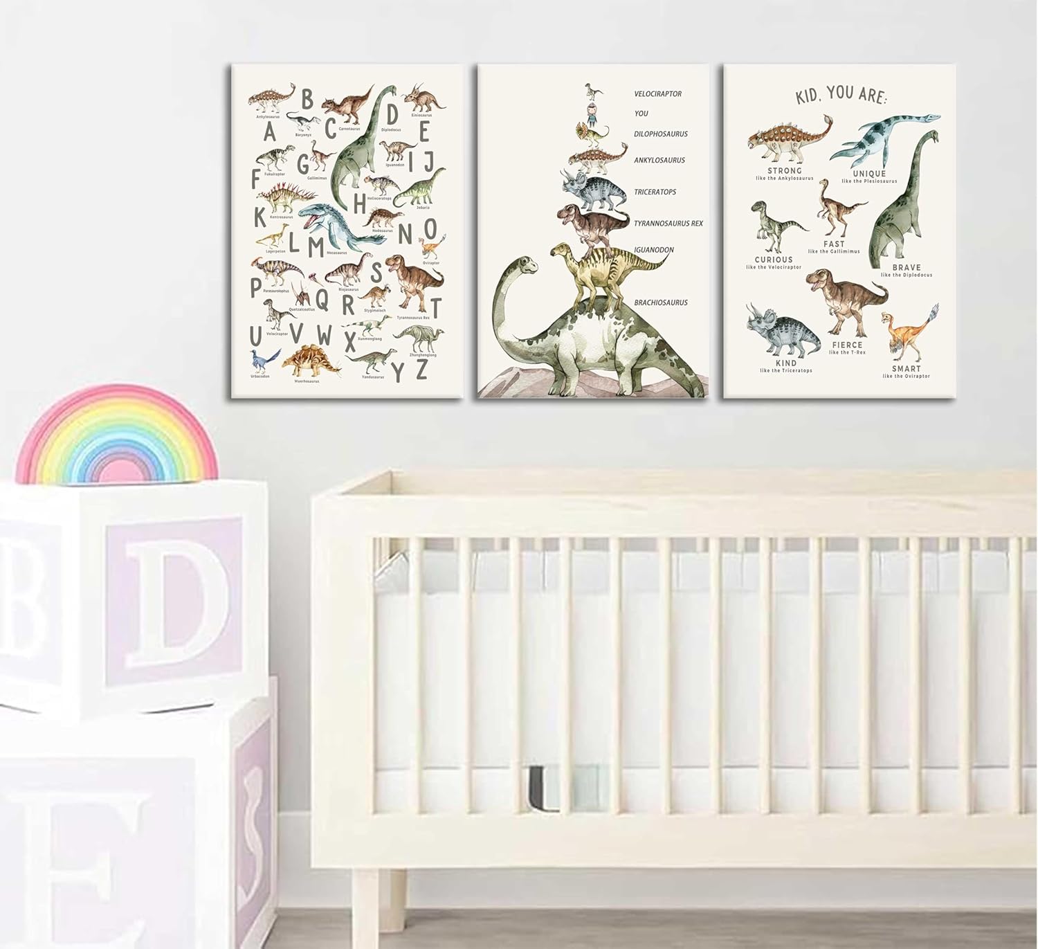 3Pcs Kids Dinosaur Species Canvas Wall Art Dinosaur Alphabet Painting Boys Room Wall Decor Tyrannosaurus Encyclopedia Educational Posters Prints Teen Cool Pictures for Home Classroom Nursery Framed