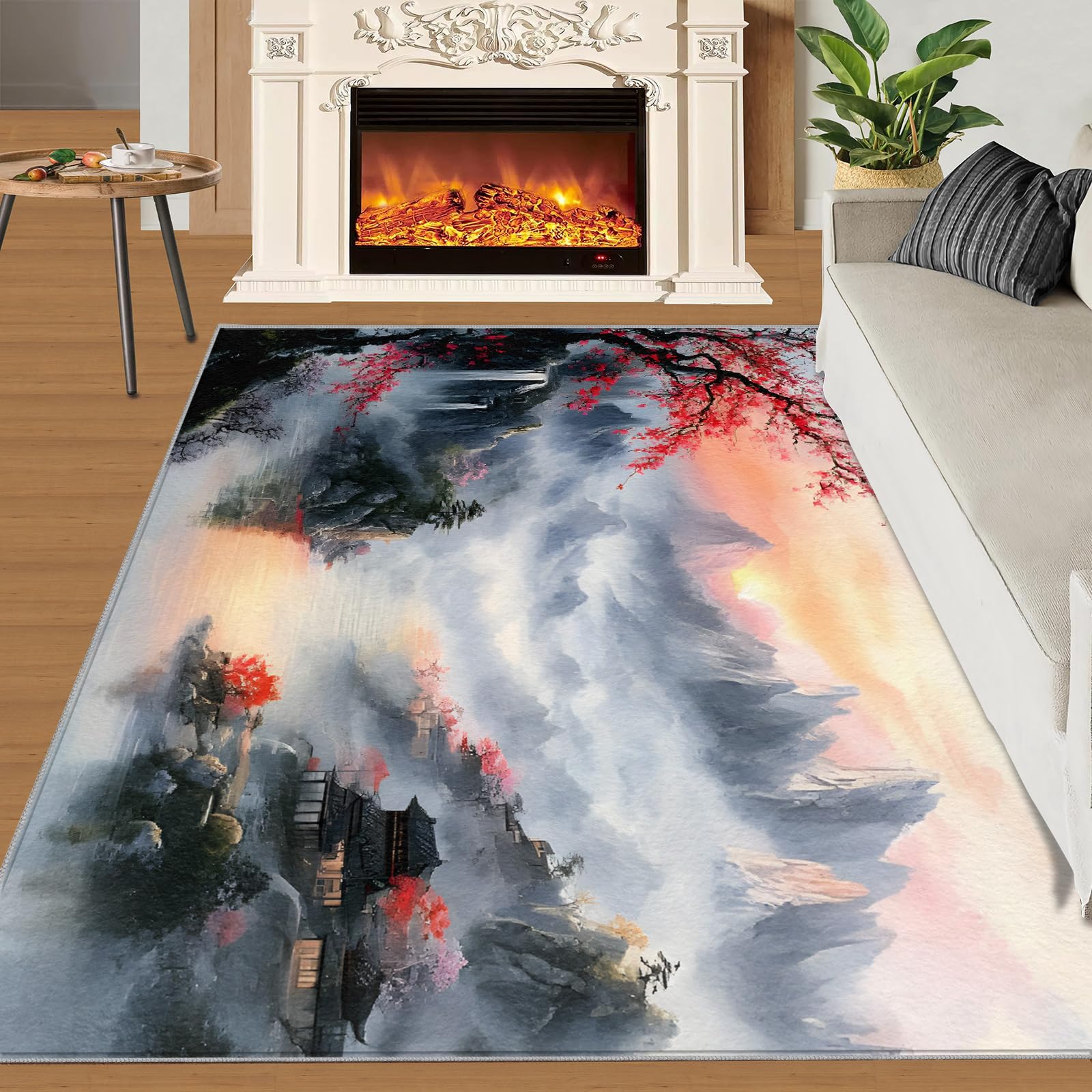 Classical Chinese Area Rugs 4x5 - Landscape Scenery Rug for Entryway, Retro Elegant Washable Entry Way Rugs Kids Carpet for Inside House Playroom Living Room End Table Nursery