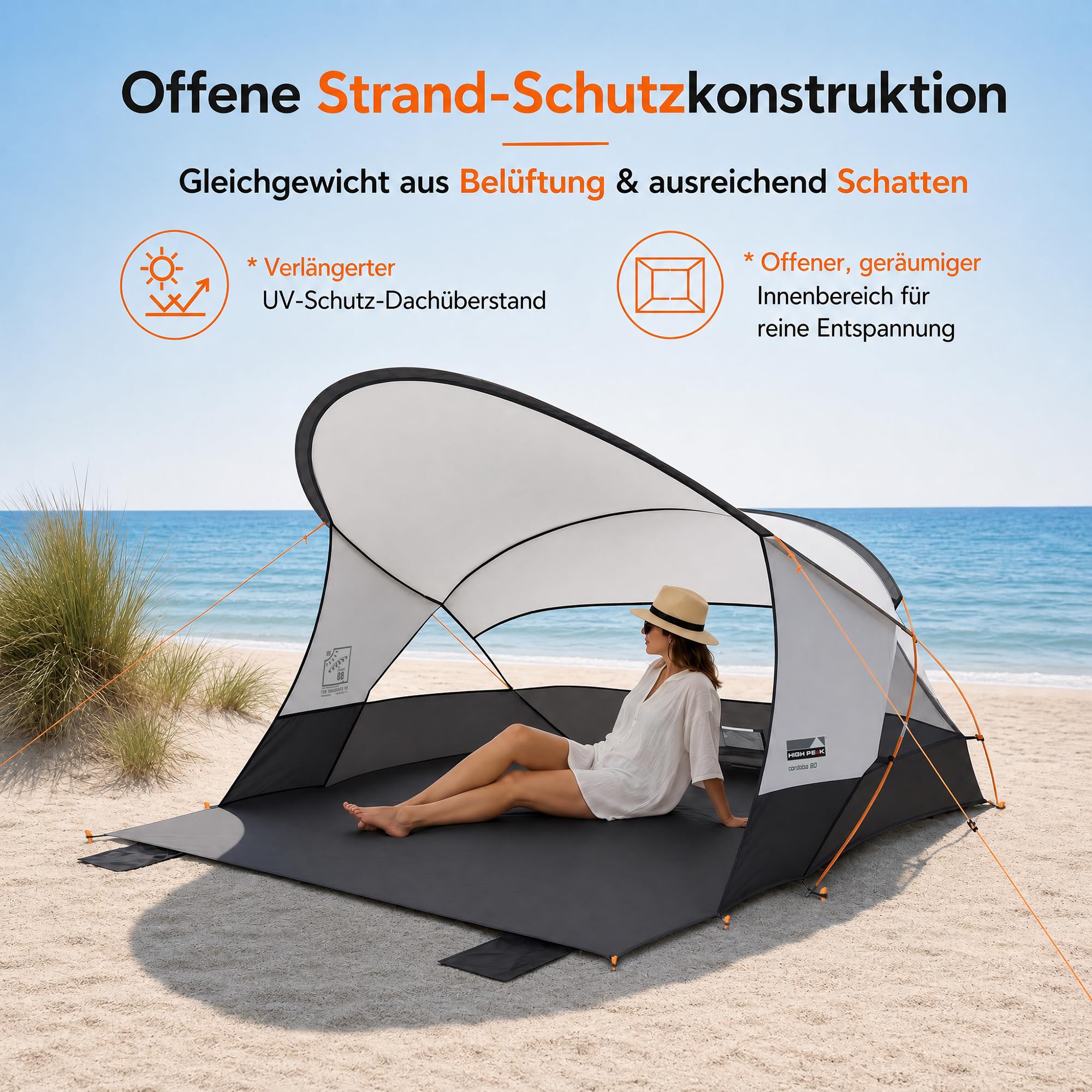 High Peak Strandmuschel mit UPF 80+, verlängertem Sonnendach und Windschutz