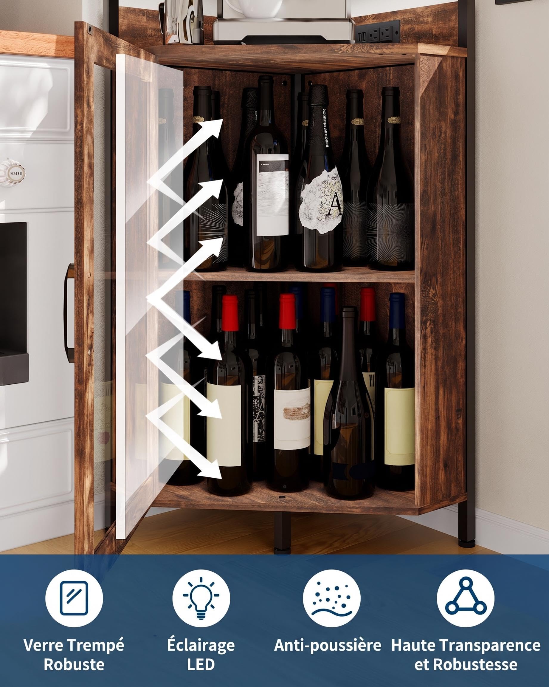 Garvee Vitrine à vin courbée en MDF avec 4 étagères – Porte vitrée et éclairage LED – Meuble Bar indépendant Moderne pour Salon – Rangement Bouteilles et Verres – Facile à Nettoyer – Marron