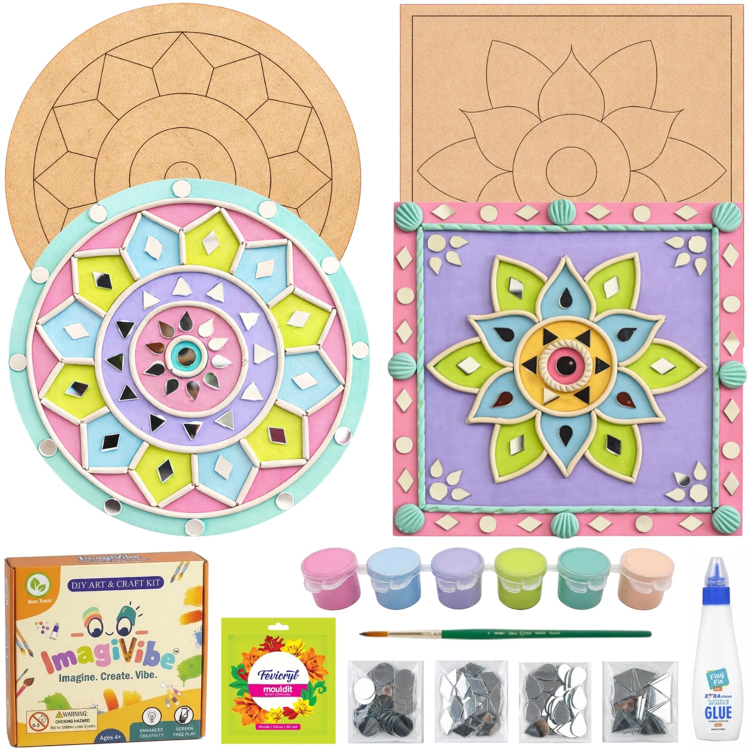 ImagiVibe DIY Mini Lippan Art Kit for Kids & Adults | 2 Pre-Marked 6 Inch MDF Boards | Indian Folk Art Painting Kit with Clay, Mirrors & Pastel Tempera Colours | Creative Art & Craft Kit for Gifting, Artists, Children, Students, Beginners (6inch)-image-42