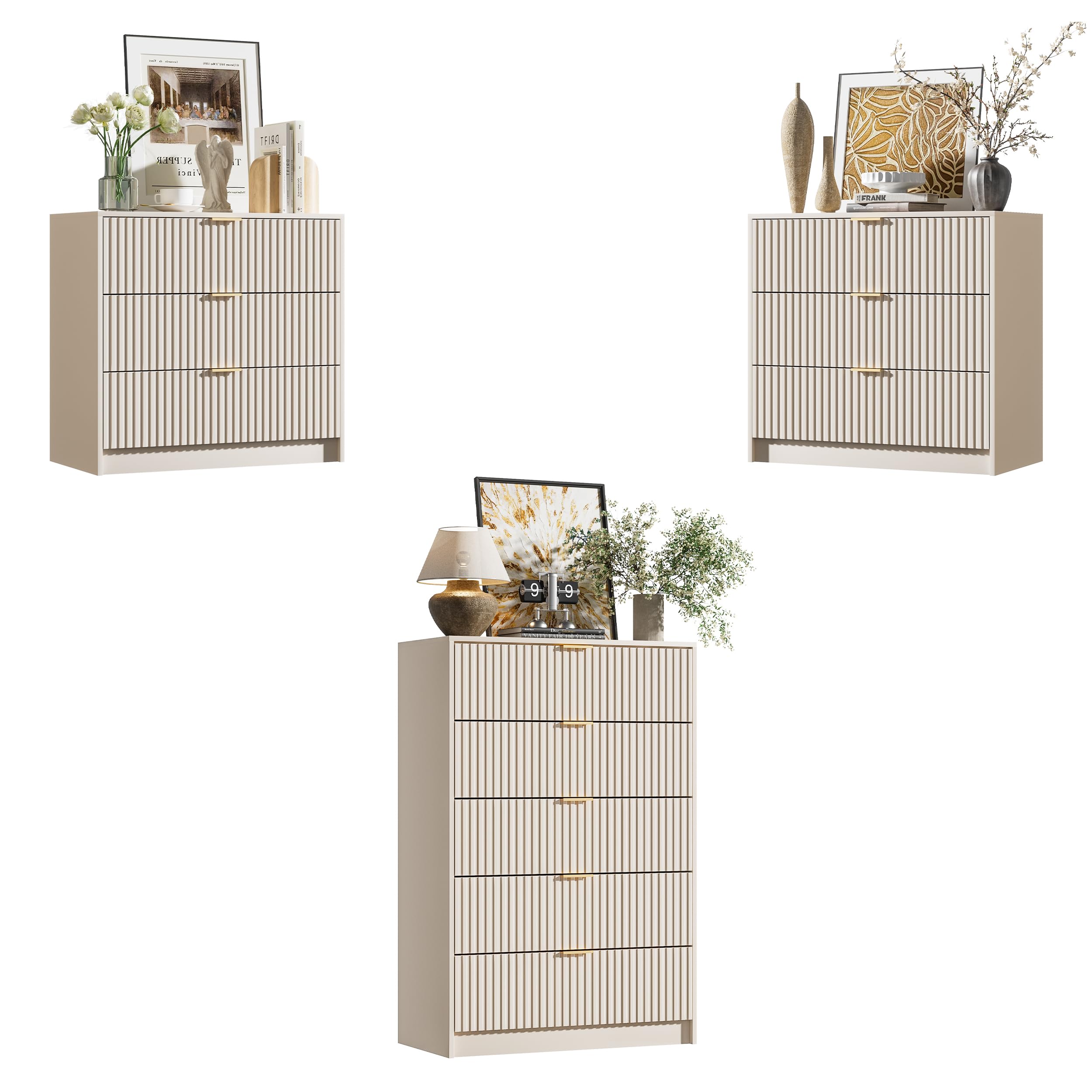 3 Piece Modern Bedroom Set, 5 Drawer Dresser with 2 Nightstands, Beige