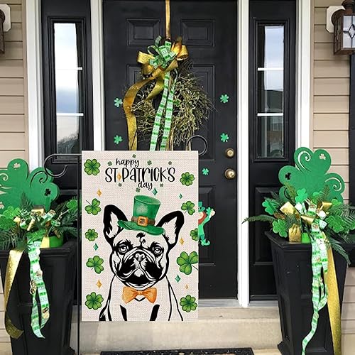 Miniatura 5 de Bandera de jardín del día de San Patricio, Bulldog francés, tréboles, tréboles, vertical, de doble cara, decoración de patio al aire libre, 12.5 x