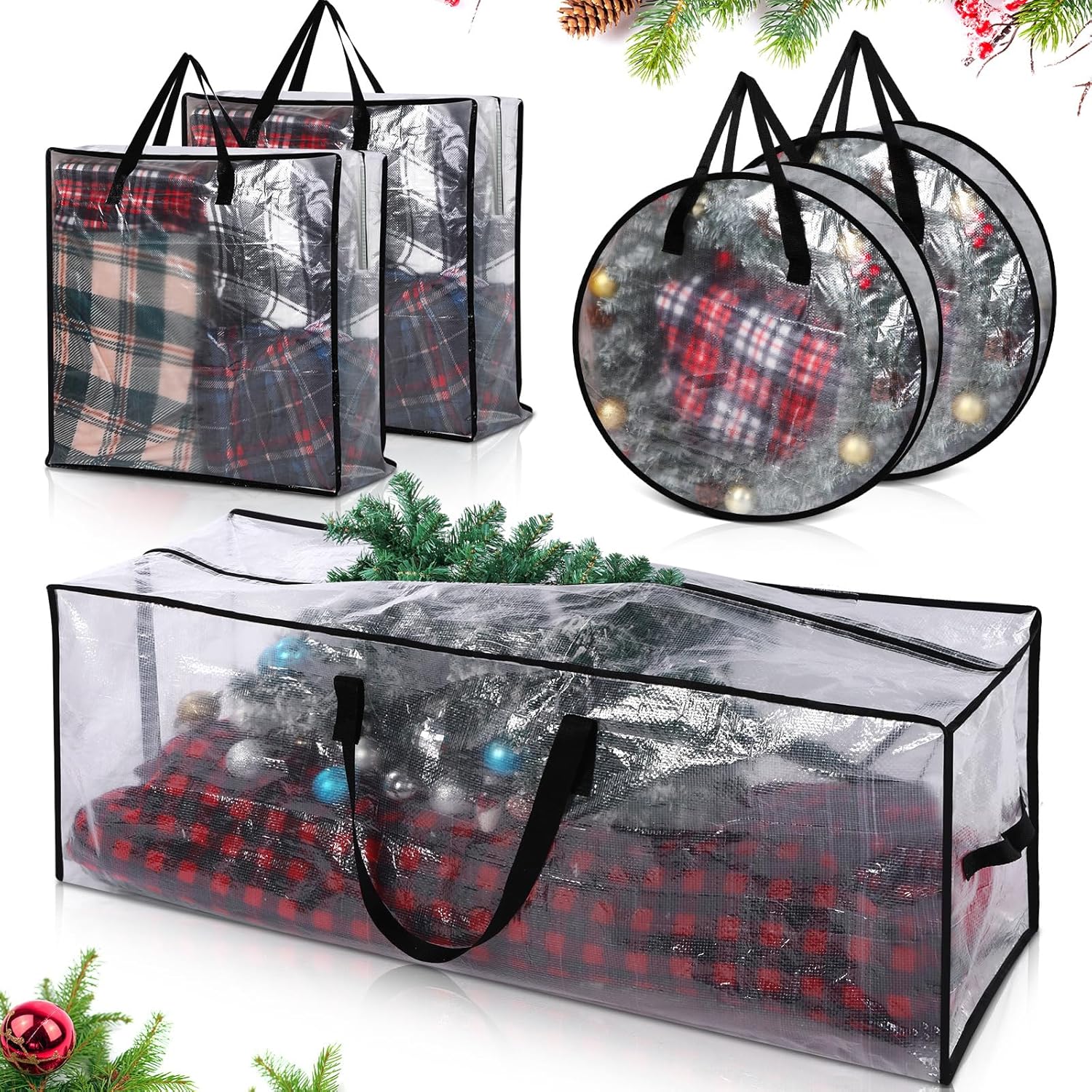 5 Pack Christmas Storage Bags, 9 Ft Christmas Tree Large Bag, 24" Wreath Containers and 25" Garland Packing Tote Moving Bags with Handle Zipper for Artificial Xmas Tree Wreath Garland