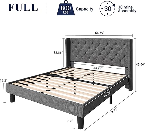 Miniatura 2 de Allewie Base de cama de tamaño matrimonial con cabecera capitoné con botón en la parte posterior, plataforma tapizada de tela moderna con soporte de