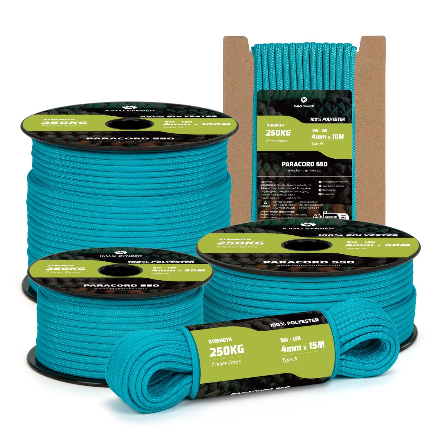 Kamu Synber Paracord 550 Type III 4mm 15m 7 Strands 100% Polyester Rope Parachute Cord Ideal for Crafting, Outdoor, Survival | Support 250kg | Turquoise