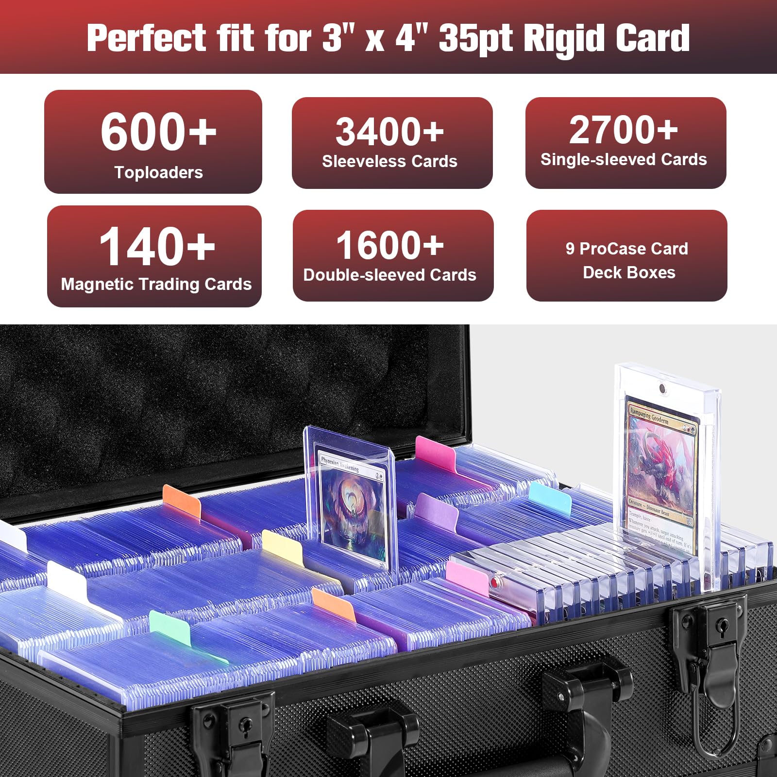 Procase Toploader Storage Box with 6 Removable Dividers, Sports Card Hard Carrying Case with 16 Colorful Divider Tab For 3”×4” 35PT Rigid Cards, 600+ Toploader Holder for Trading Card Collection