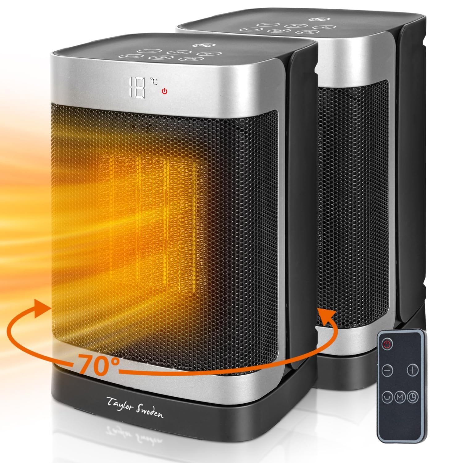 Taylor Swoden Calefactor cerámico PTC 1500W con mando a distancia, pantalla LED, temporizador 24H, oscilante 70º, 3 velocidades y modo ECO. Calentamiento rápido dormitorios, despachos etc, 2 Piezas