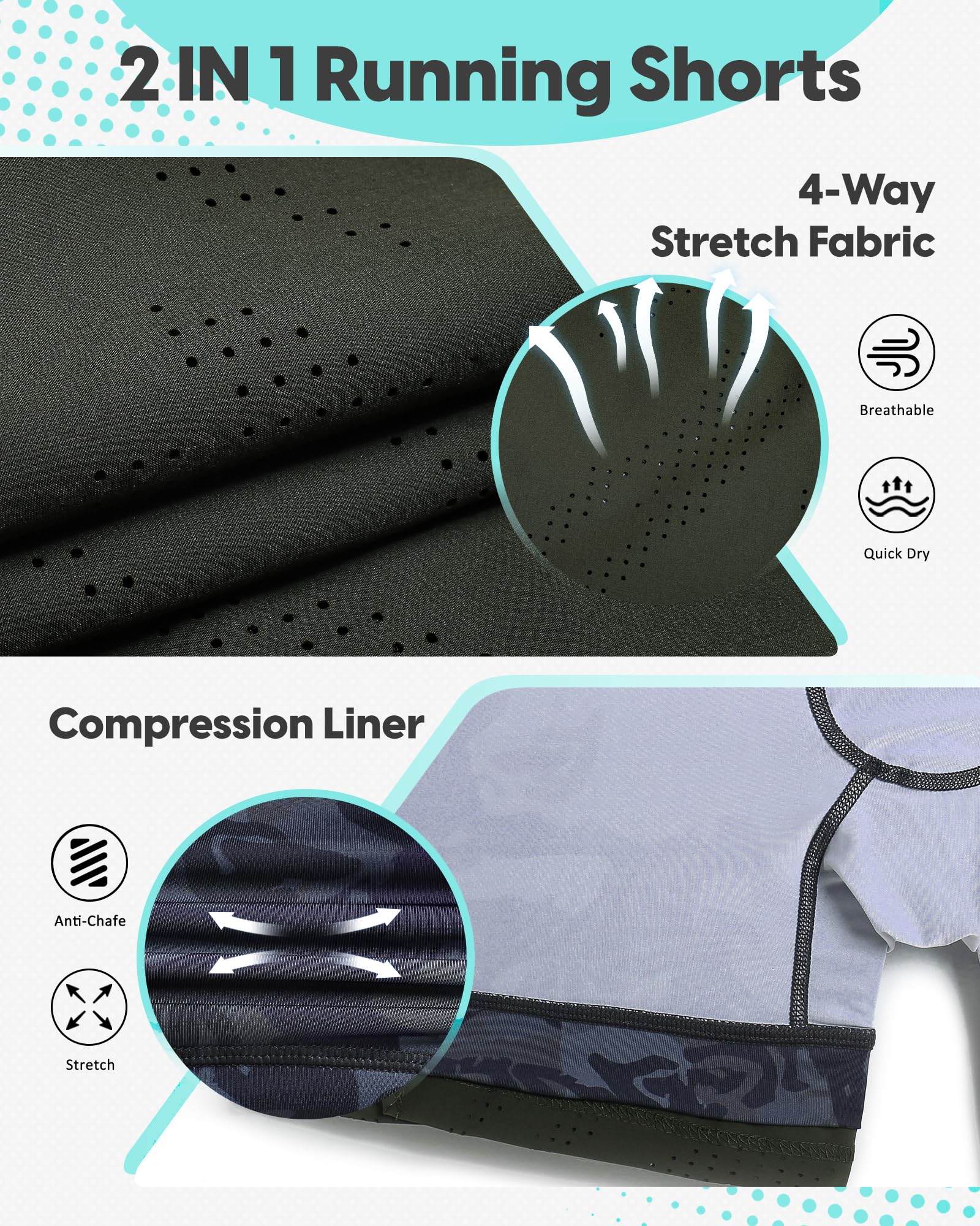 MaaMgic Pantalones cortos de correr 2 en 1 para hombre, con bolsillo para el móvil, de secado rápido, pantalones cortos para correr, fitness, entrenamiento, atléticos