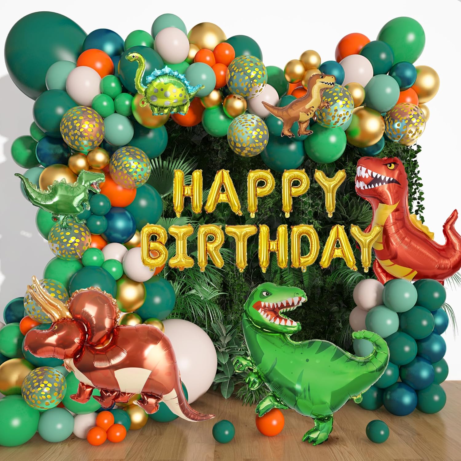 Amandir 165Pcs Dinosaur Balloons Arch Garland Kit, Sage Green Orange 6Pcs Dino Foil Balloons Happy Birthday Balloon for Jungle Safari Dinosaur Themed Party Baby Shower Decorations Supplies Kids Boys