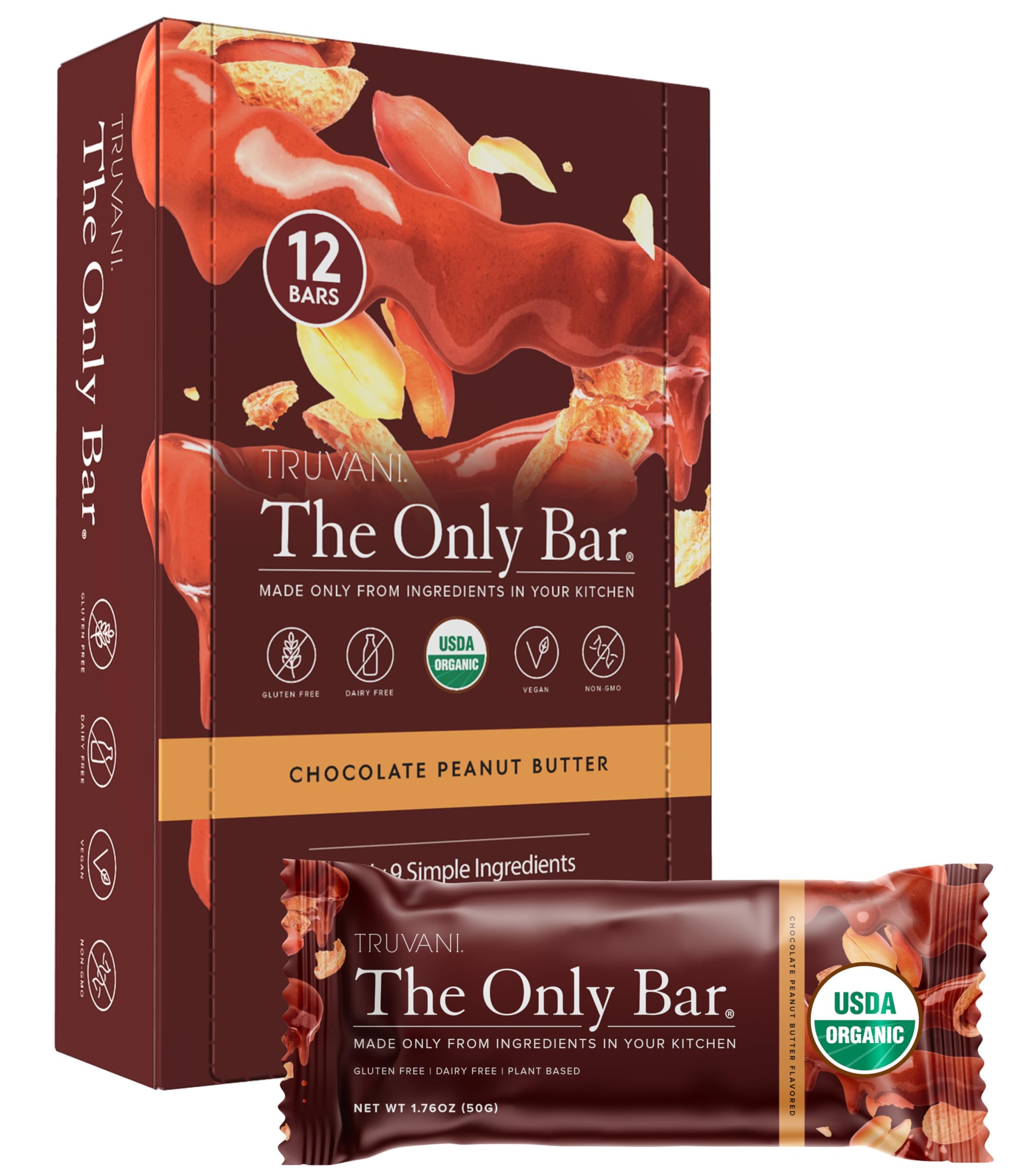 Truvani Plant Based Snack Bars | Chocolate Peanut Butter 12 Pack | 7g Protein | USDA Organic and Vegan | The Only Bar | Dairy, Soy, and Gluten Free |