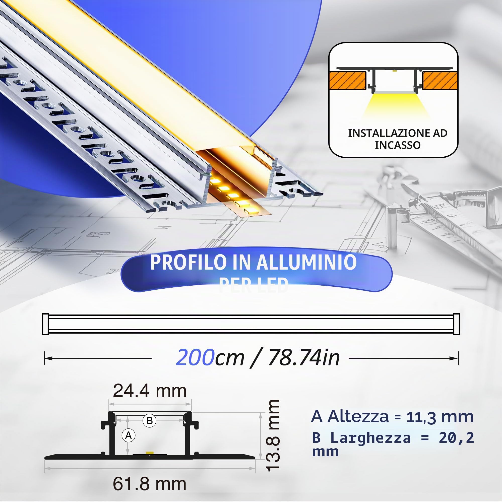 Profilo LED cartongesso in alluminio con diffusore – Canalina LED per strisce fino a 20 mm, dimensioni: 2000x61,8x13,8 mm (inclusi alette di montaggio) (SP45, 5 pezzi (10 m totale))