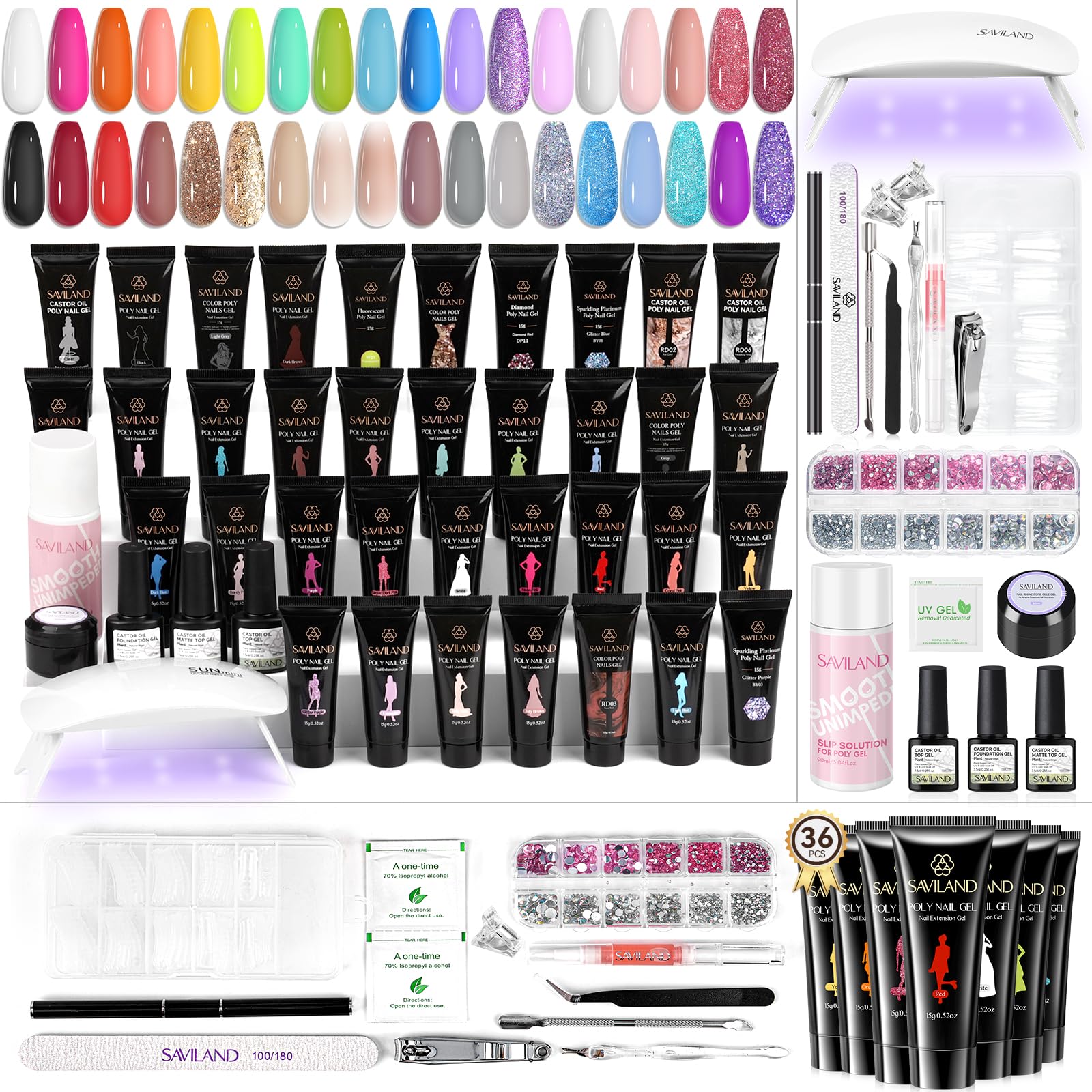 SAVILAND Kit Ricostruzione Unghie Gel Completo, 36 Colori 15g Poly Gel per Unghie Kit con Mini Lampada U V, Base Coat, Top Coat e Strumenti per Unghie, Ideale per Fai Da Te a Casa