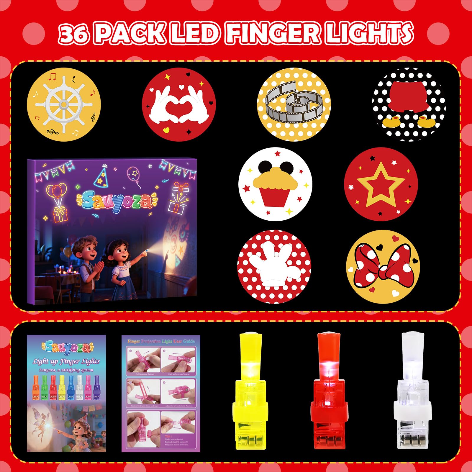 Paquete de 36 recuerdos de fiesta con temática de ratón, luces LED de dedos, regalos clásicos de dibujos animados para bolsas de regalo, premios de caja del tesoro para el aula, regalos de