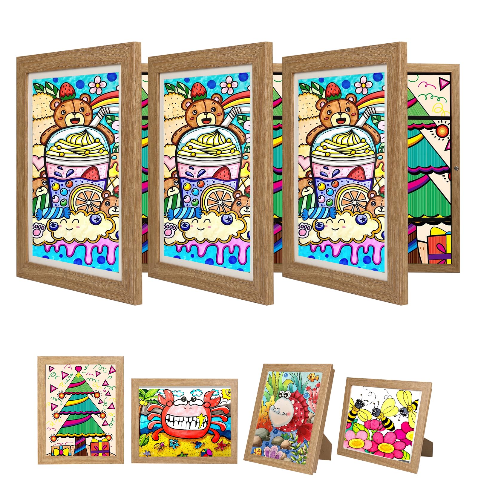 wesellcan 3Pack Kids Art Frame,Kids Artwork Picture Frame Changeable,10x12.5 Childrens Art Frames for Display&Storage Kid Art Work,Front Opening,Holds 150 Drawing&Project,With Stand(Wooden)