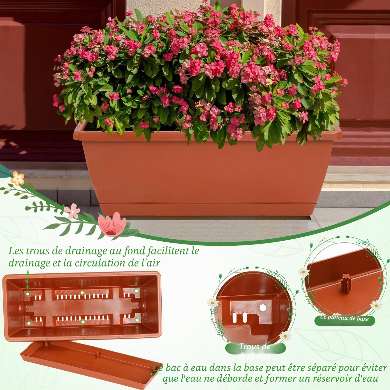 Lot de 12 jardinières rectangulaires en Plastique avec Trous de Drainage et Plateaux pour intérieur et extérieur, terrasse, Jardin, décoration d'intérieur, Porche, Cour (Gris)