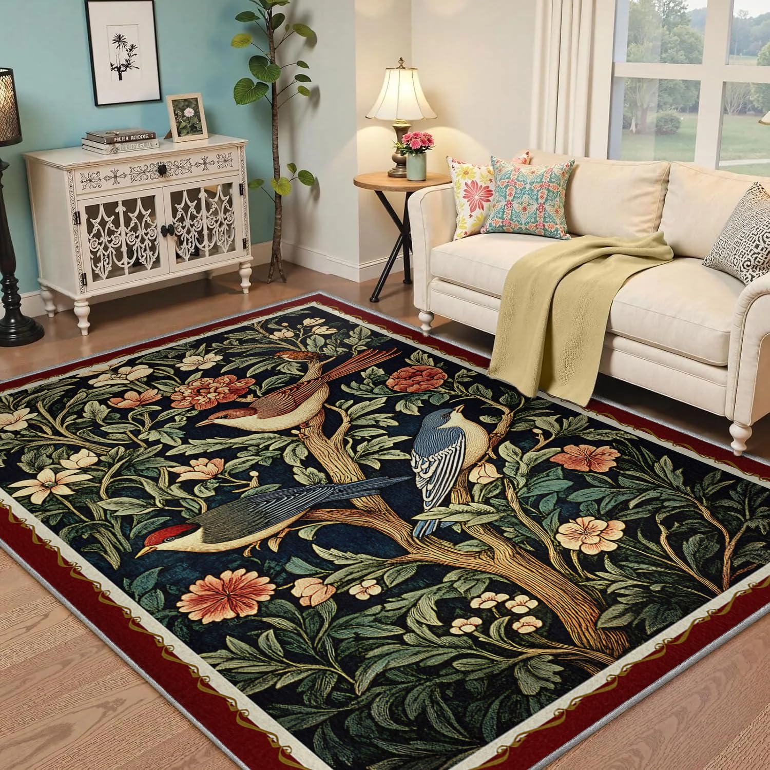 Tapis de salon 160x230cm lavable vintage imprimé botanique forestier antidérapant
