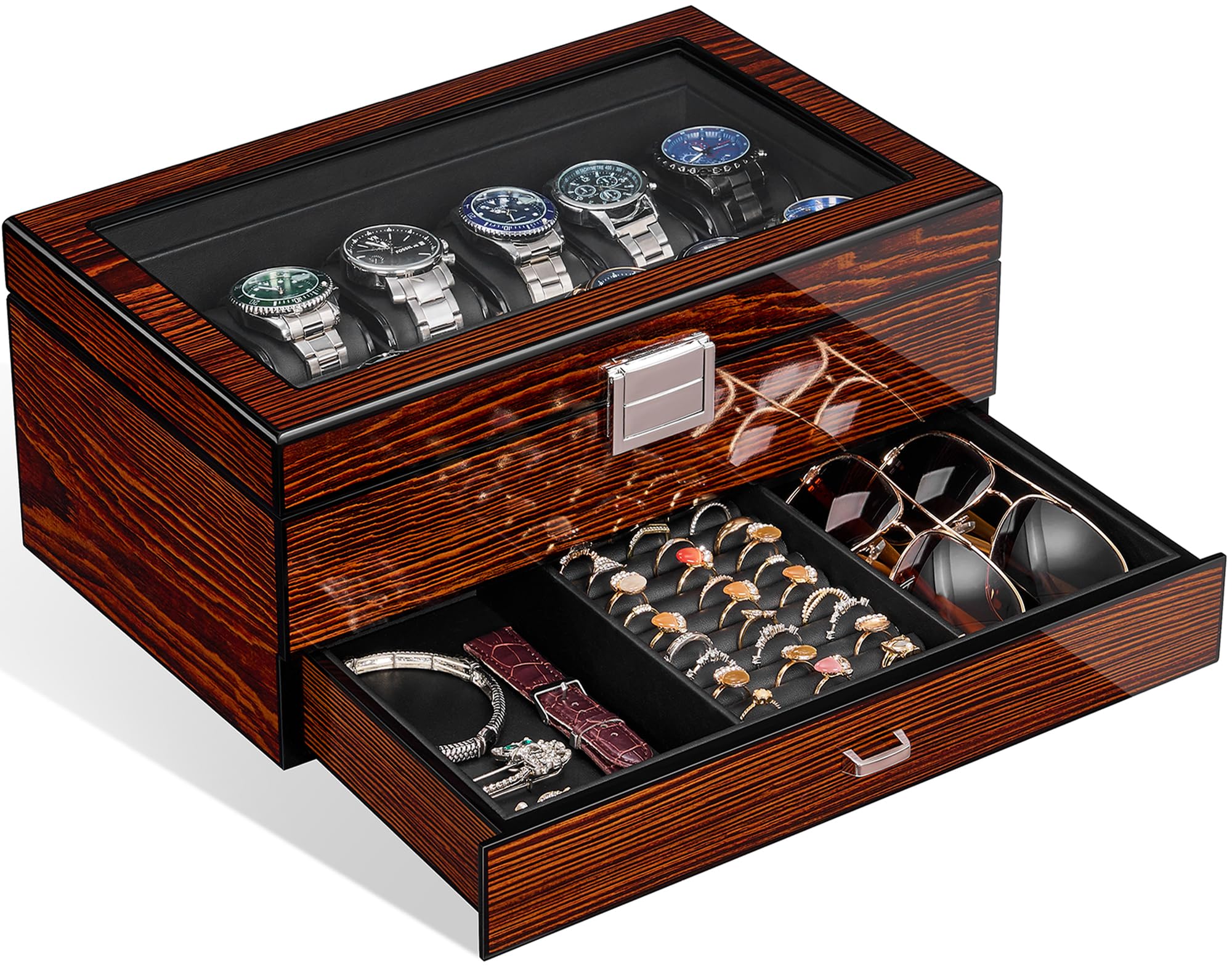 BEWISHOME High End Watch Case, 12 Slot Wooden Watch Box with Large Glass Lid, 2-Layer Watch Display Case with Drawer Watch Storage for Jewelry Watch Holder and Watch Organizer for Men Women Brown