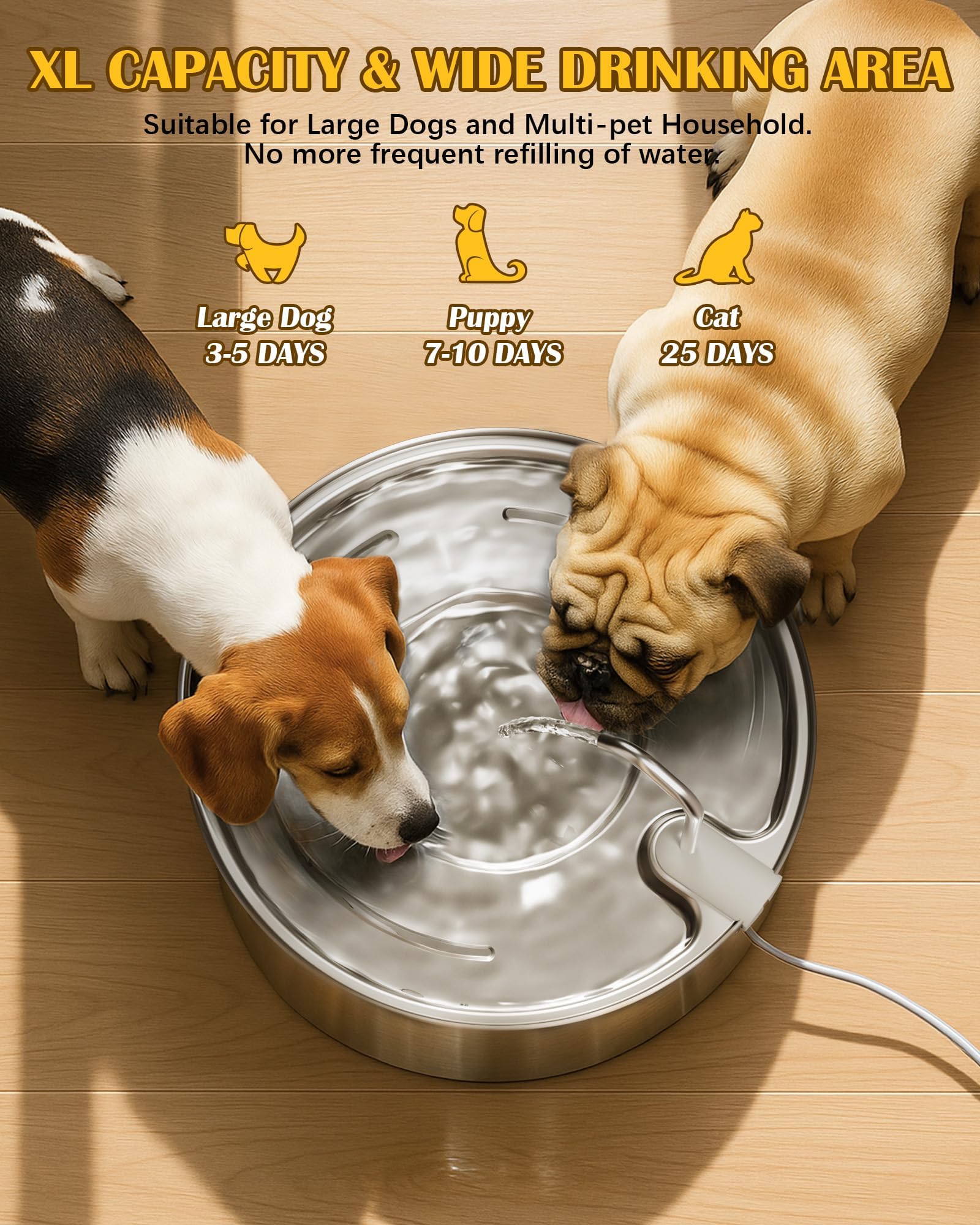 puppyspout Fuente de agua para perros grandes, dispensador automático de cuencos de agua para perros de acero inoxidable de 8 L, con bomba ultrasilenciosa/filtración cuádruple para perros, gatos