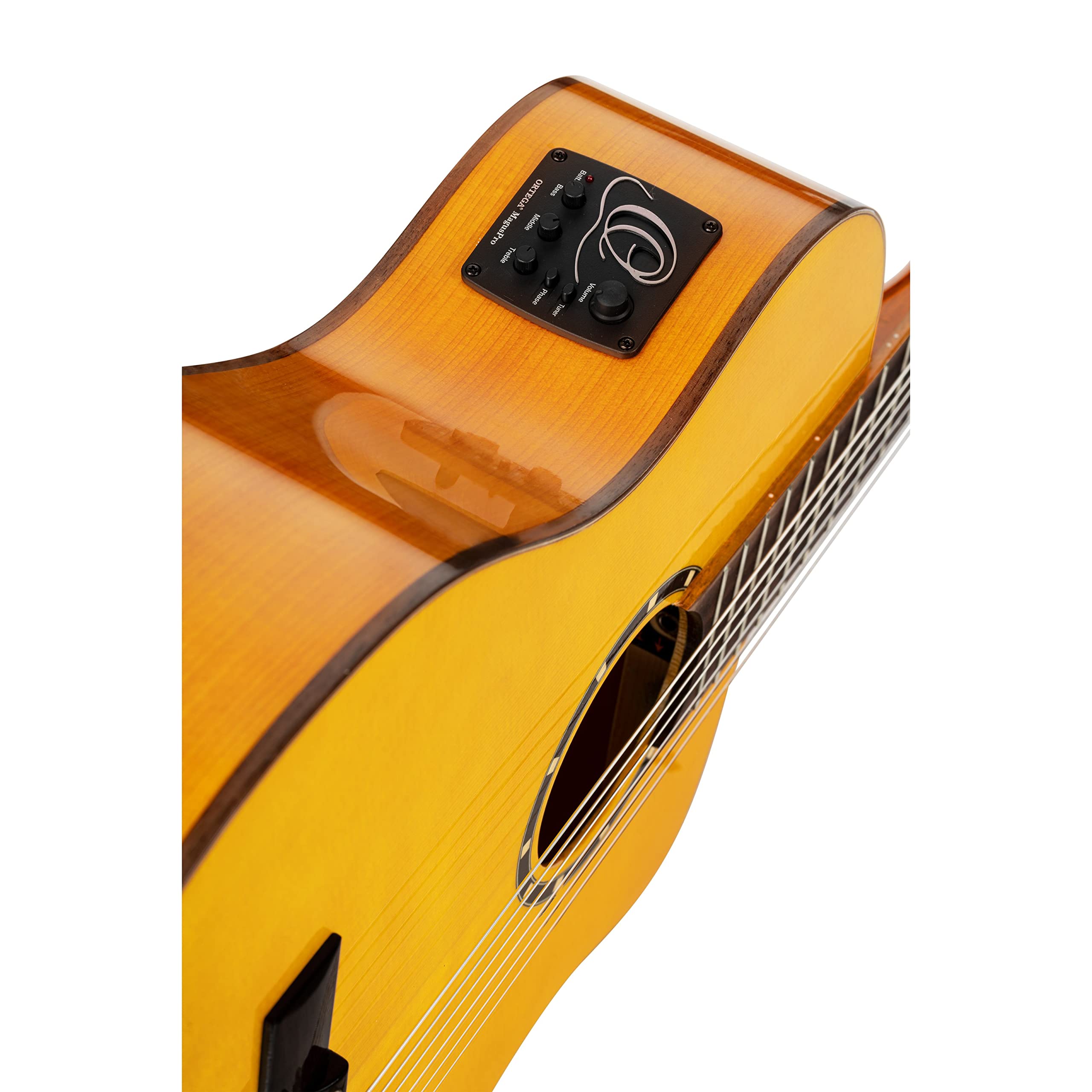 Ortega Guitars Family Series Pro - Guitarra de concierto Flamenco 4/4, electroacústica, pícea y ciprés con acabado brillante, color amarillo, incluye funda (RCE170F)
